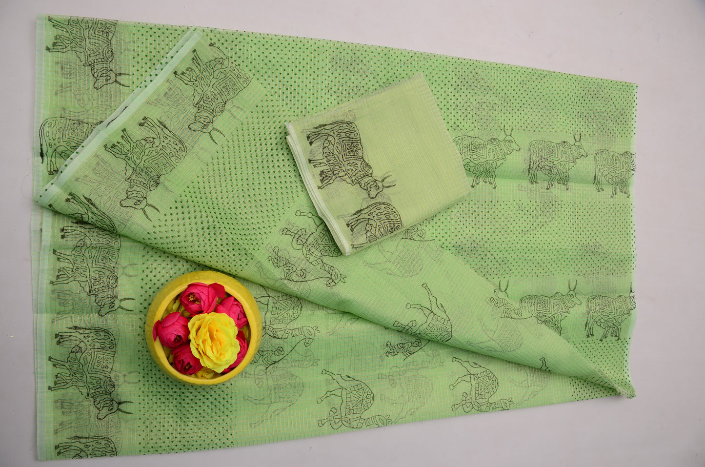 Janmashtami Special Light Green Hand Block Print Kota Doria Saree