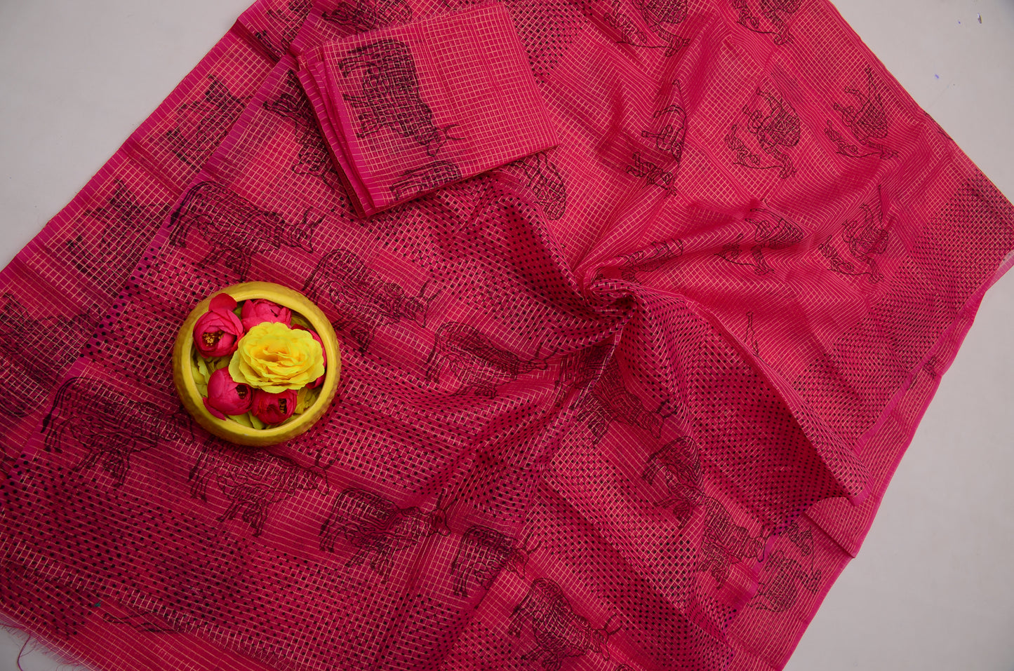Janmashtami Special Pink Hand Block Print Kota Doria Saree