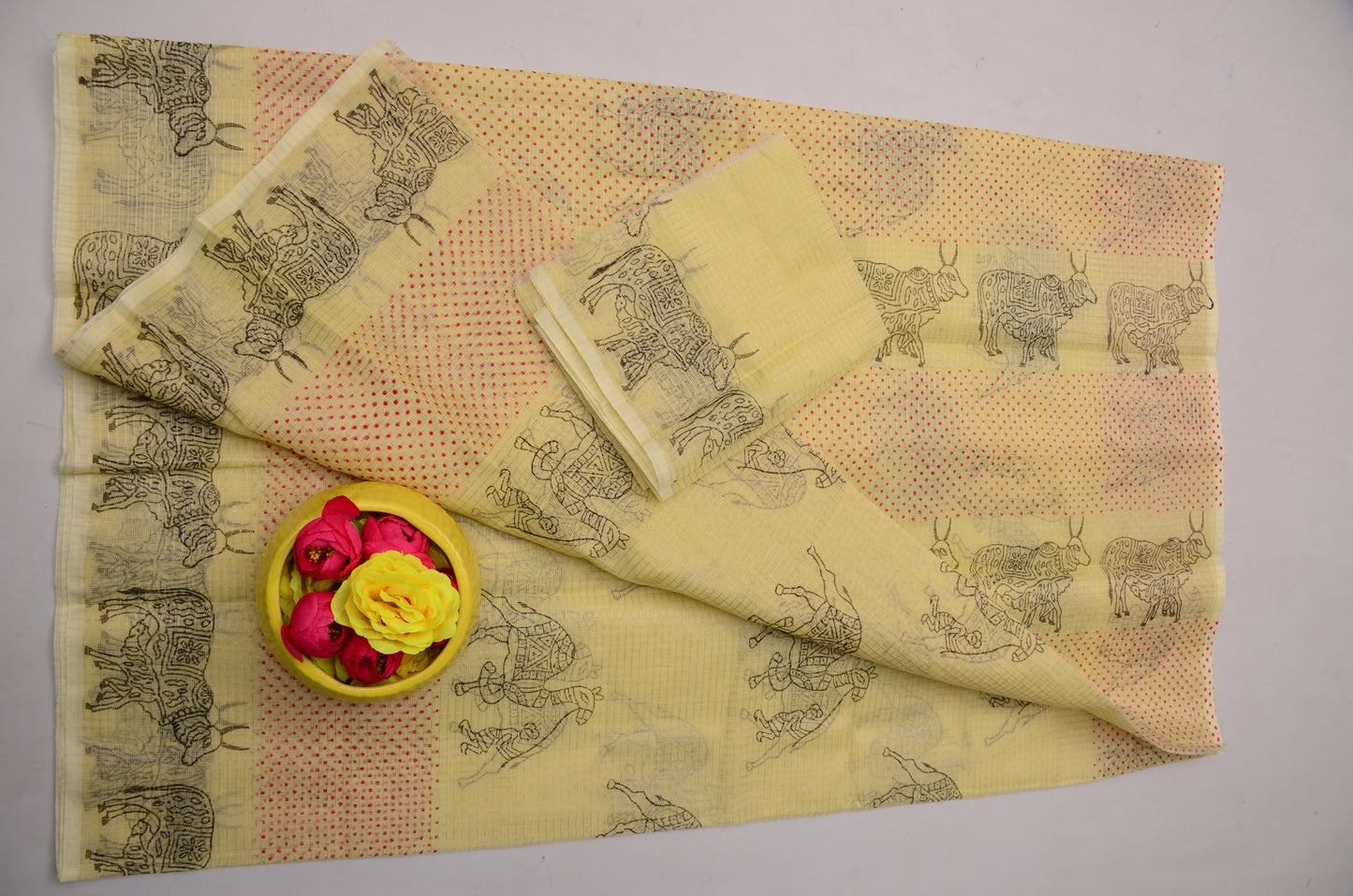 Light Yellow Kota Doria Tissue Saree with Blouse | Janmashtami Special Saree
