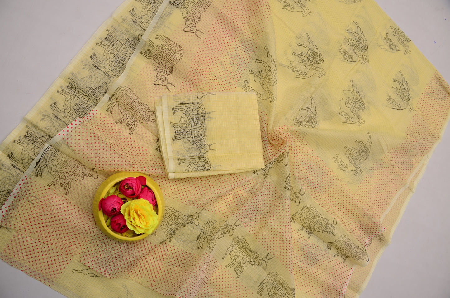 Janmashtami Special Yellow Kota Doria Saree | Hand Block Printed Saree