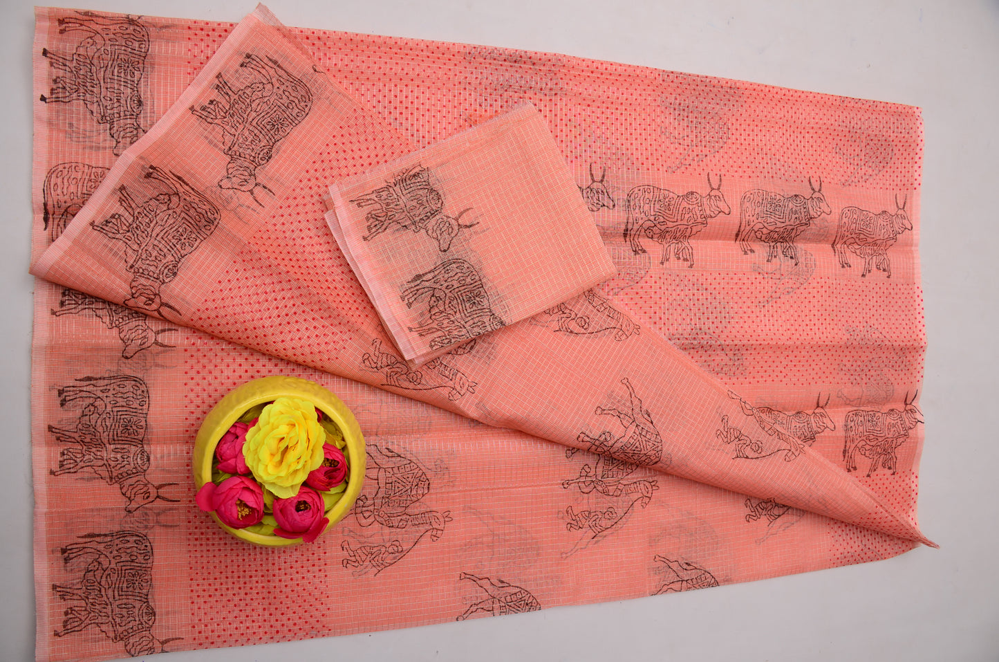 Hand Block Print Peach Kota Doria Saree for Women | Ethnic Saree