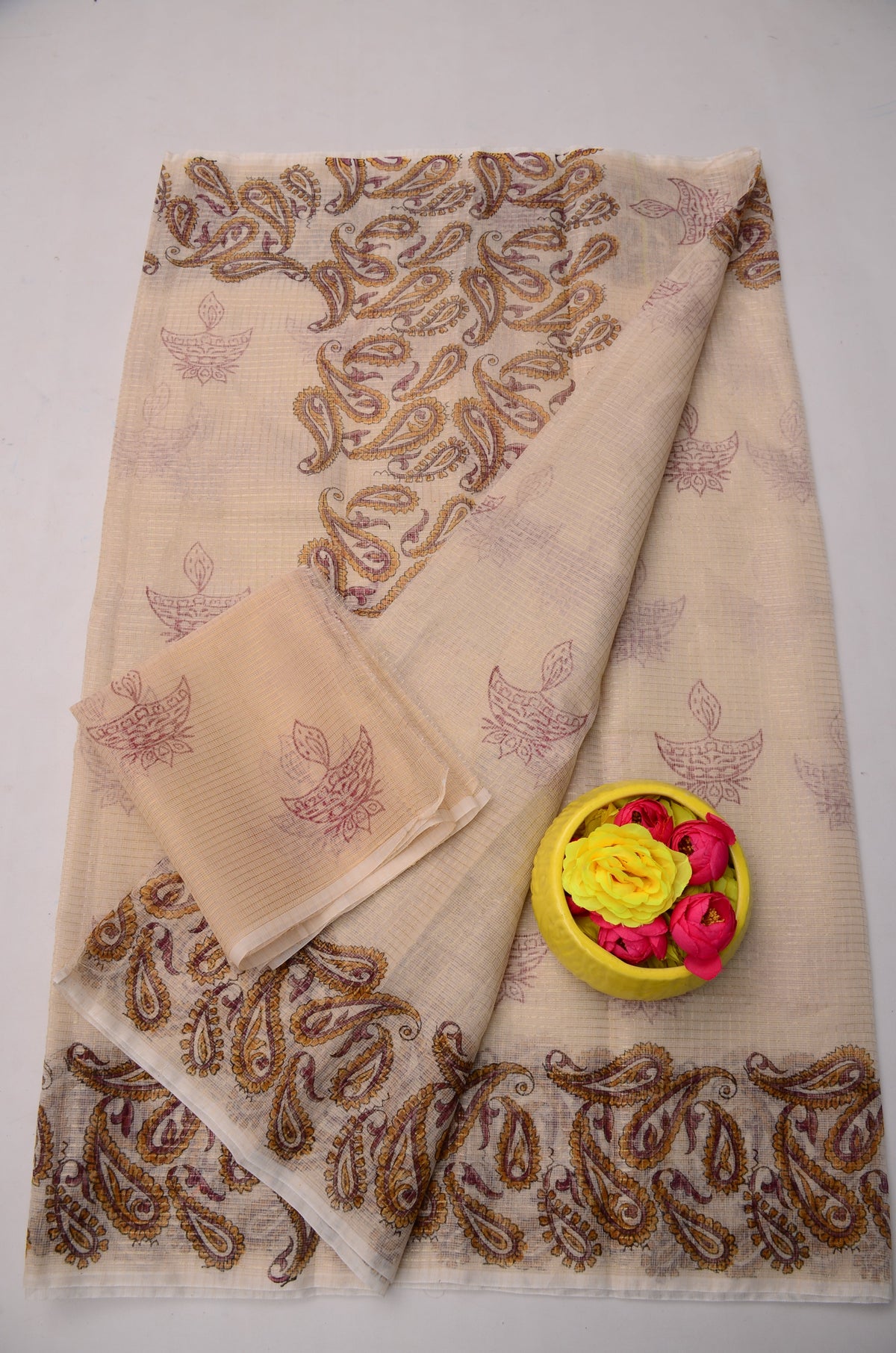 Hand Block Print Cream Kota Doria Saree for Women | Ethnic Saree