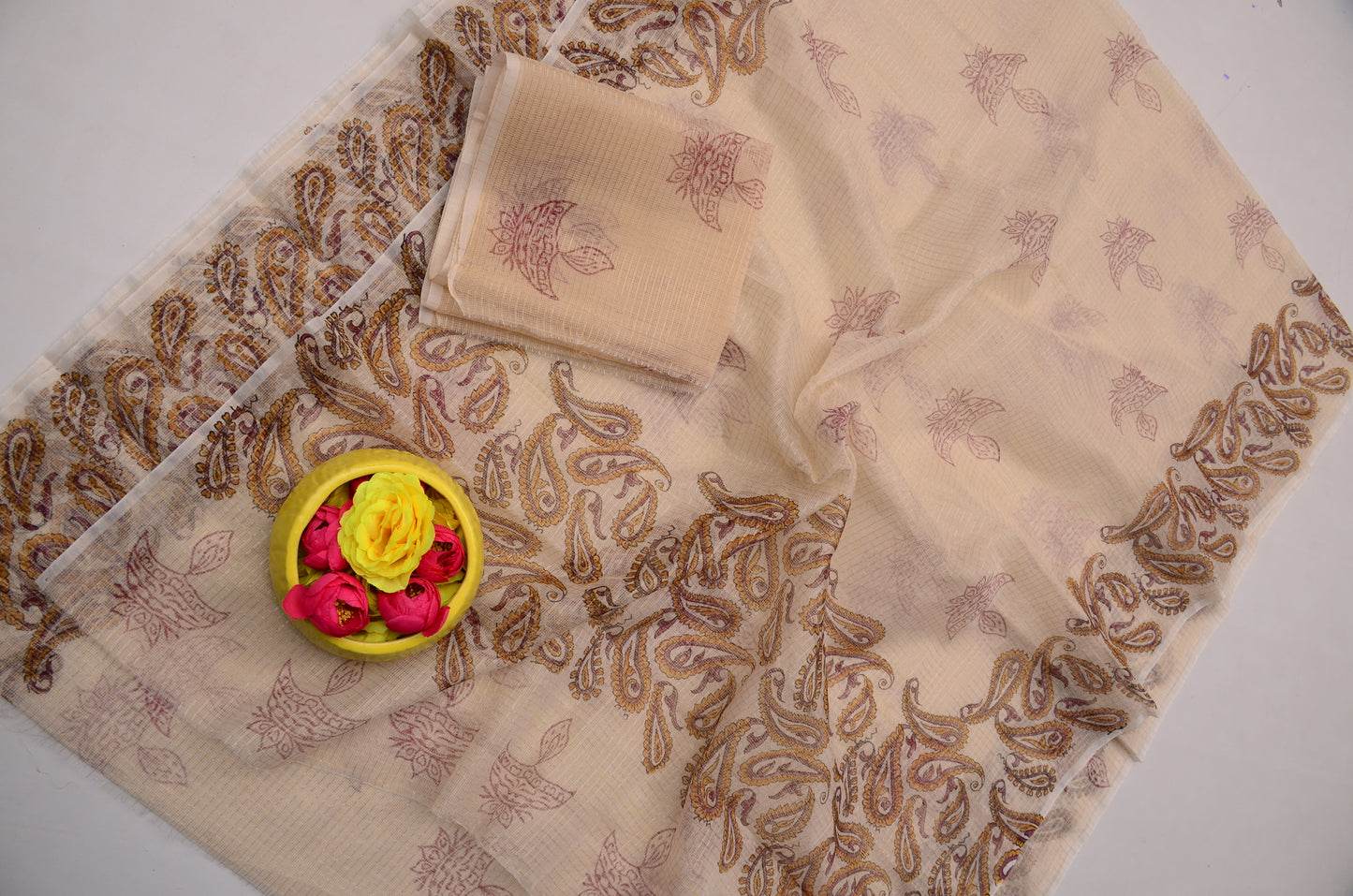 Hand Block Print Cream Kota Doria Saree for Women | Traditional Saree