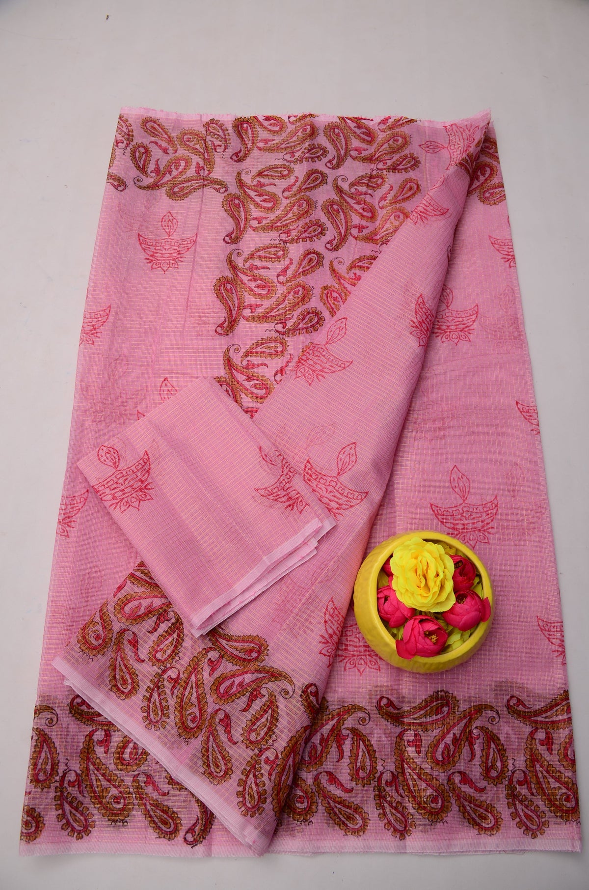 Hand Block Print Light Pink Kota Doria Saree for Women | Ethnic Saree