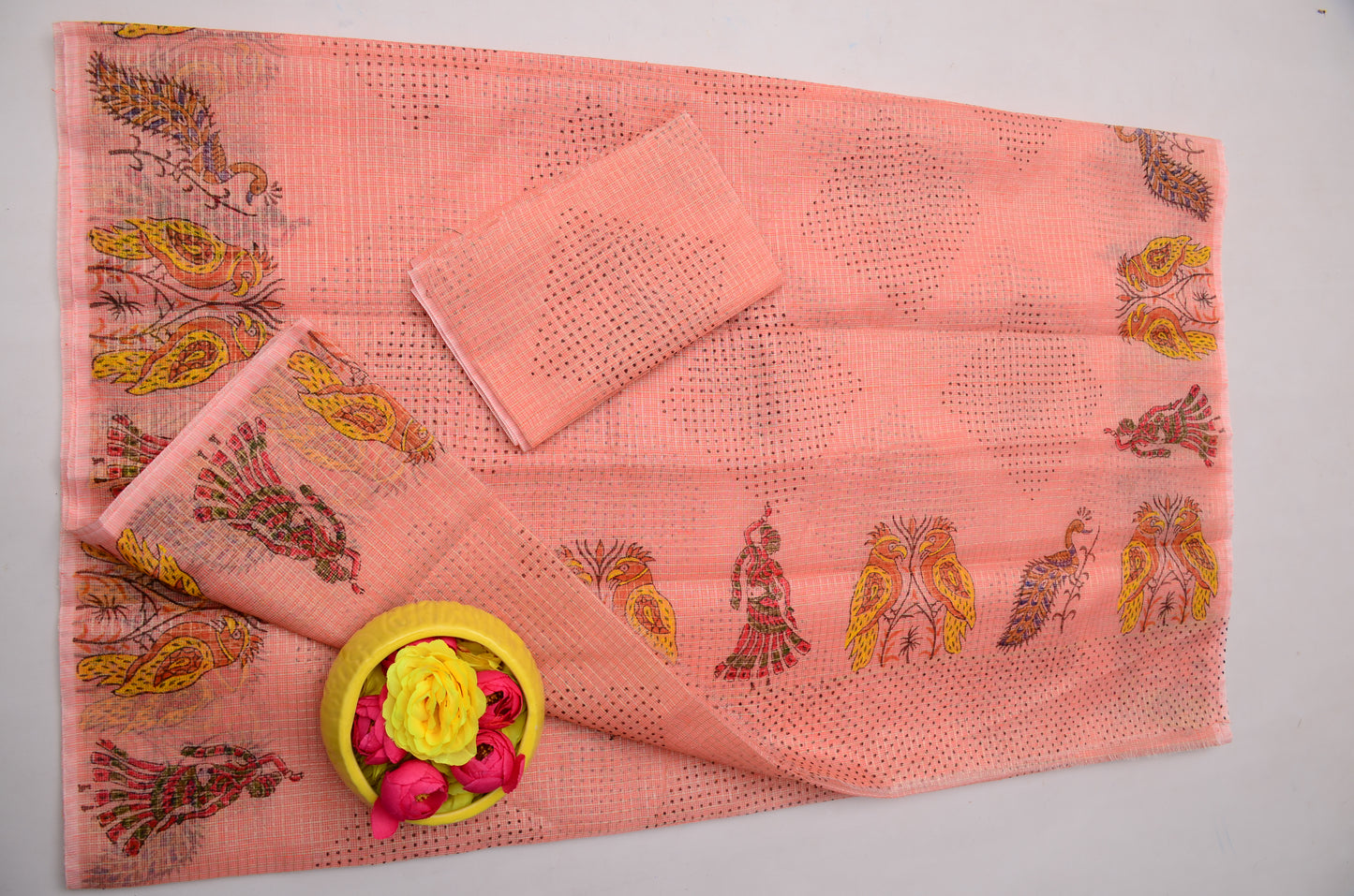 Hand Block Print Peach Kota Doria Saree for Women | Ethnic Saree