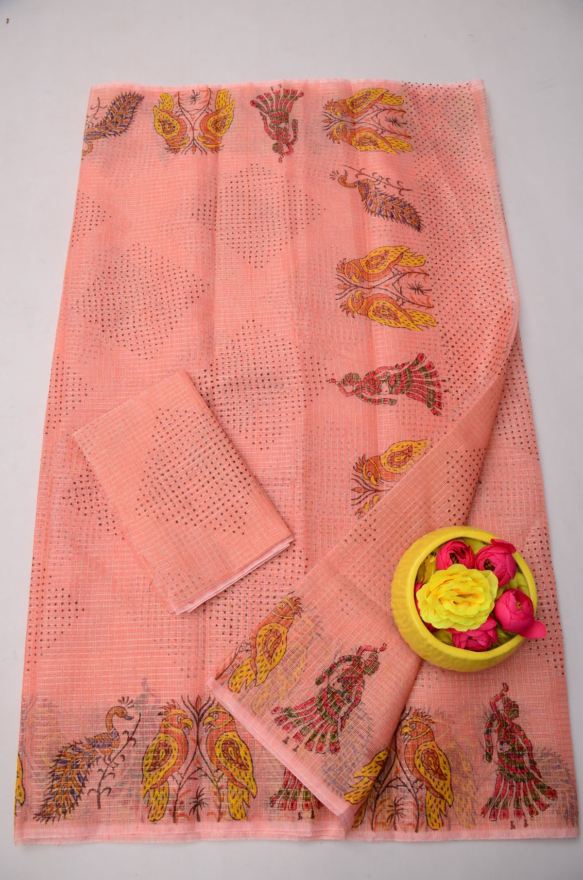 Hand Block Print Peach Kota Doria Saree for Women | Ethnic Saree