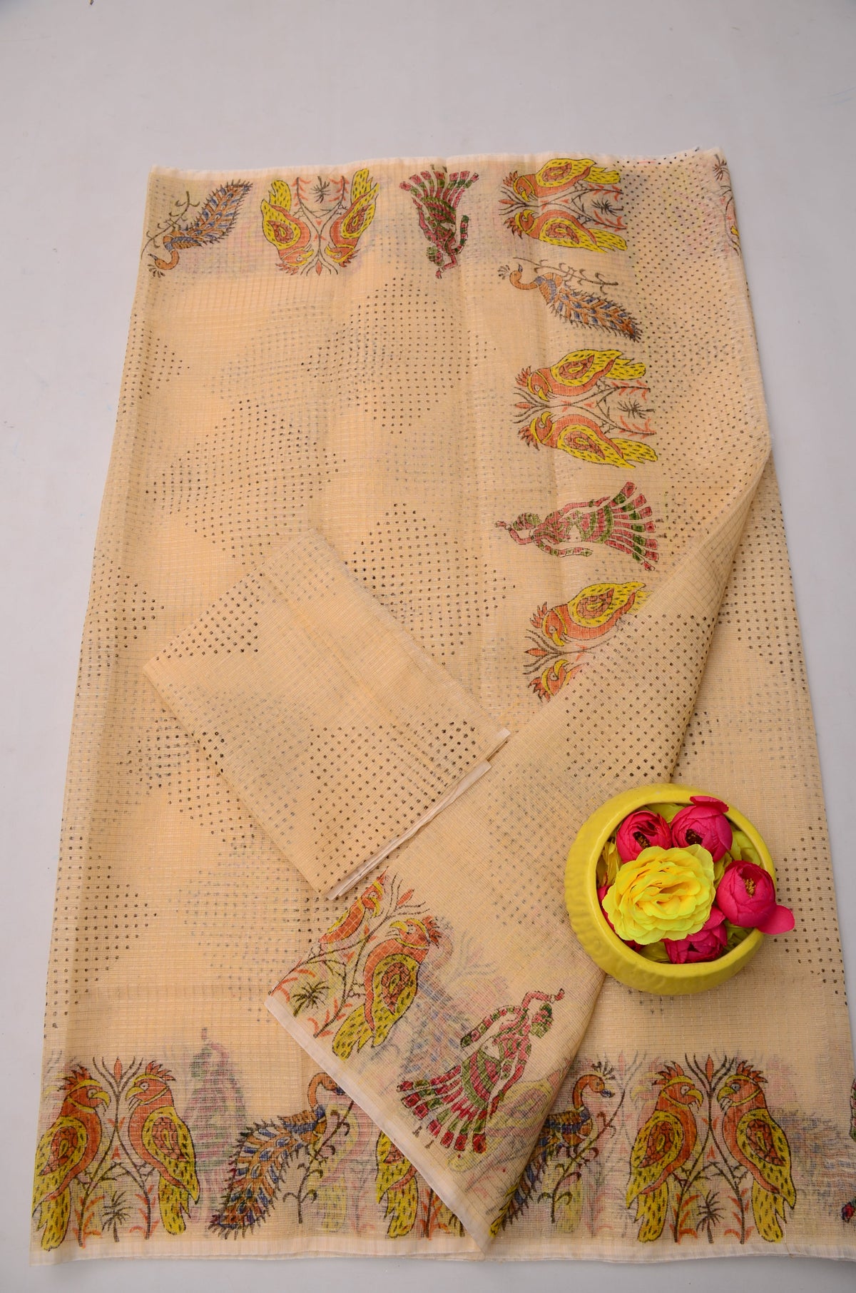 Cream Kota Doria Saree with Blouse Piece | Hand Block Print Saree