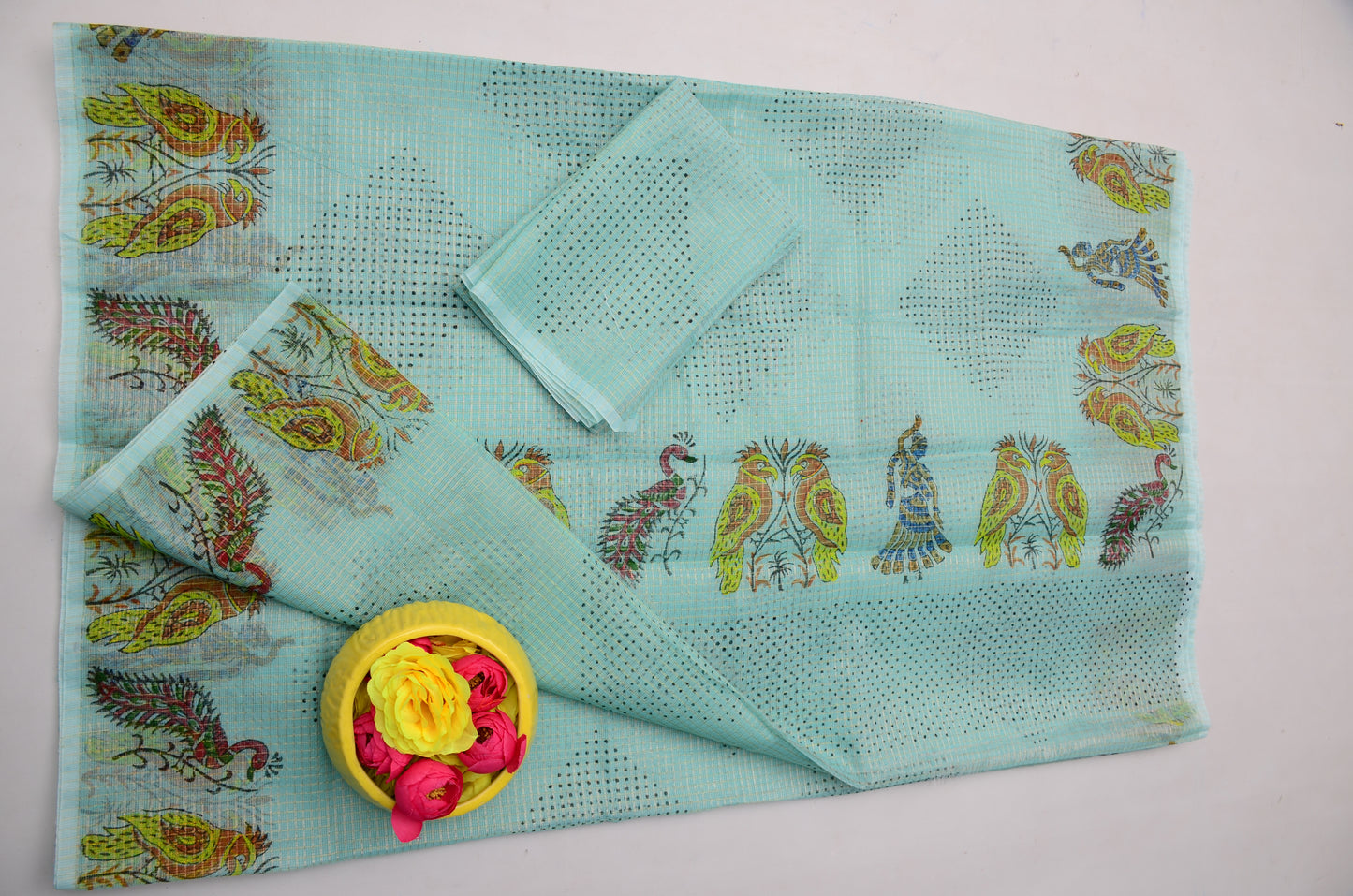 Mint Blue Kota Doria Saree with Blouse Piece | Hand Block Print Saree