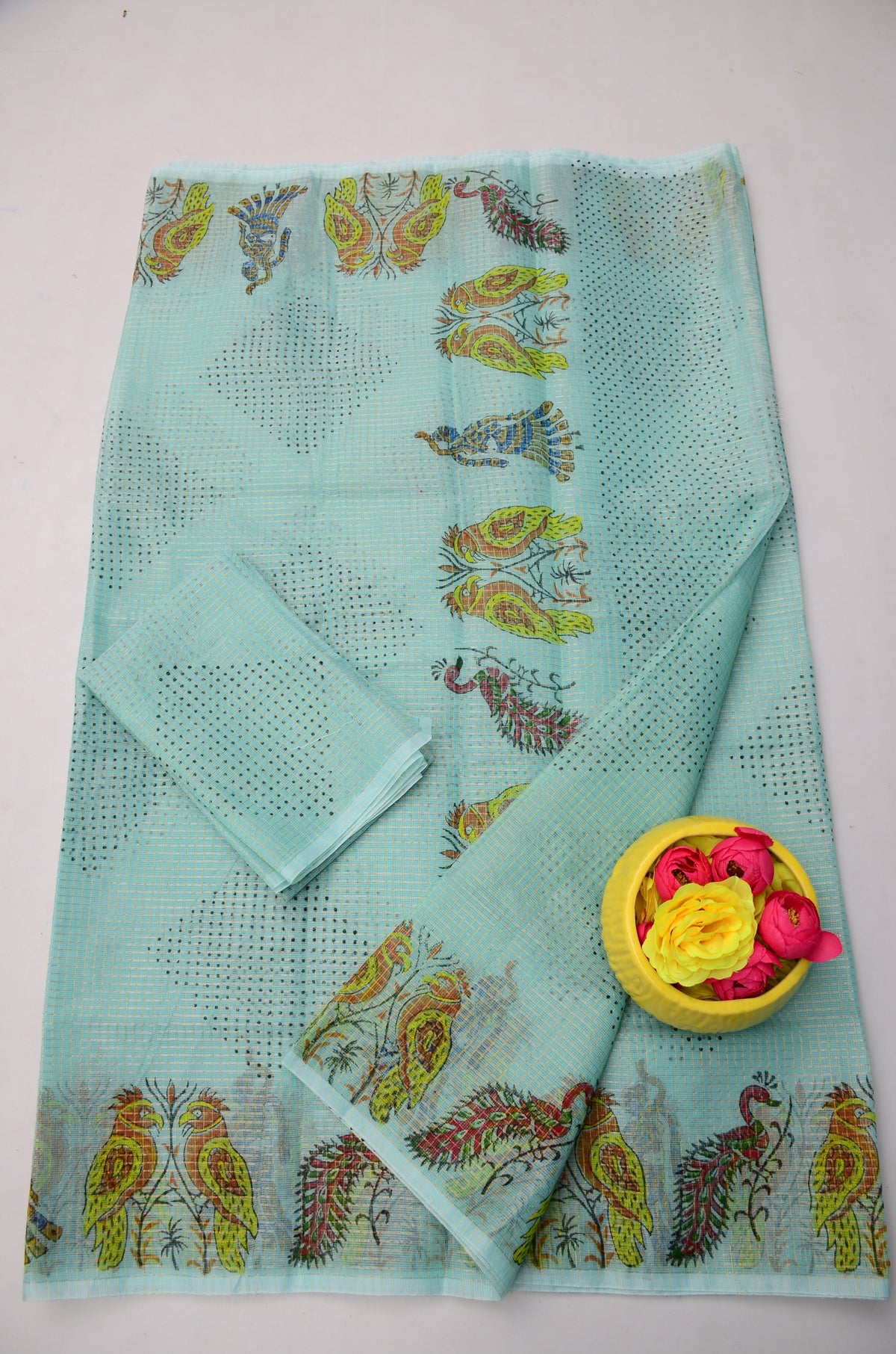 Mint Blue Kota Doria Saree with Blouse Piece | Hand Block Print Saree