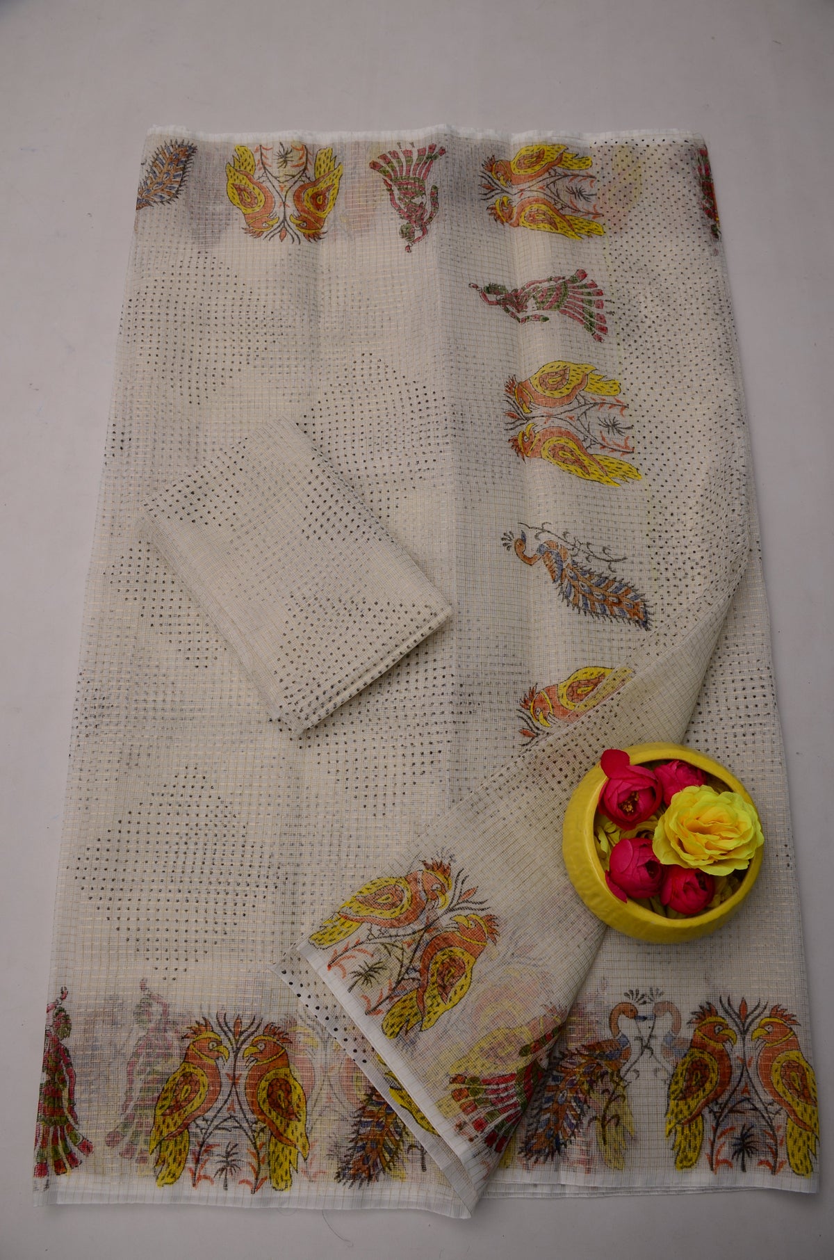 Off White Kota Doria Saree with Blouse Piece | Hand Block Print Saree