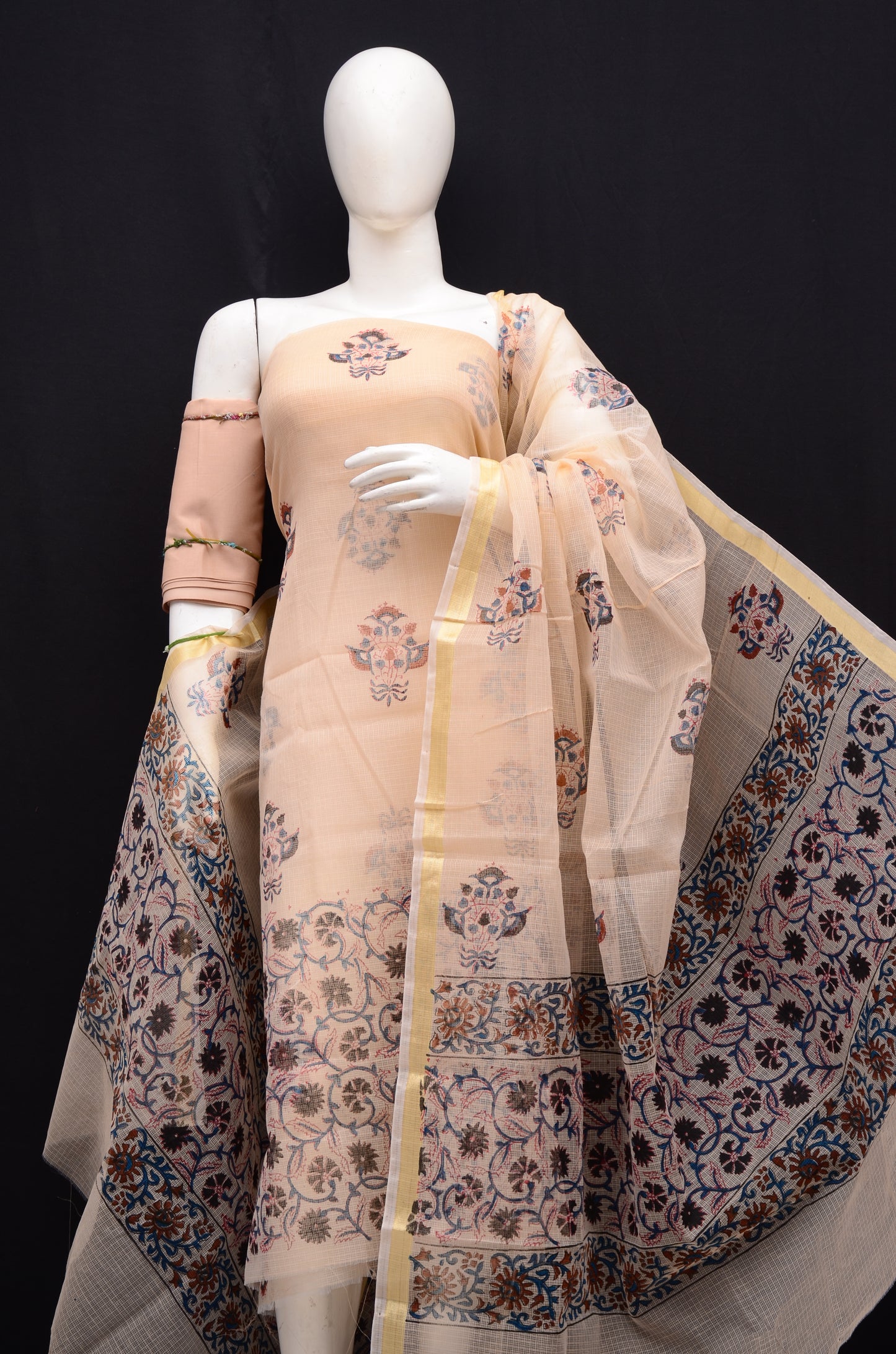 Floral Print Handblock 3-Piece Unstitched Suit Beige