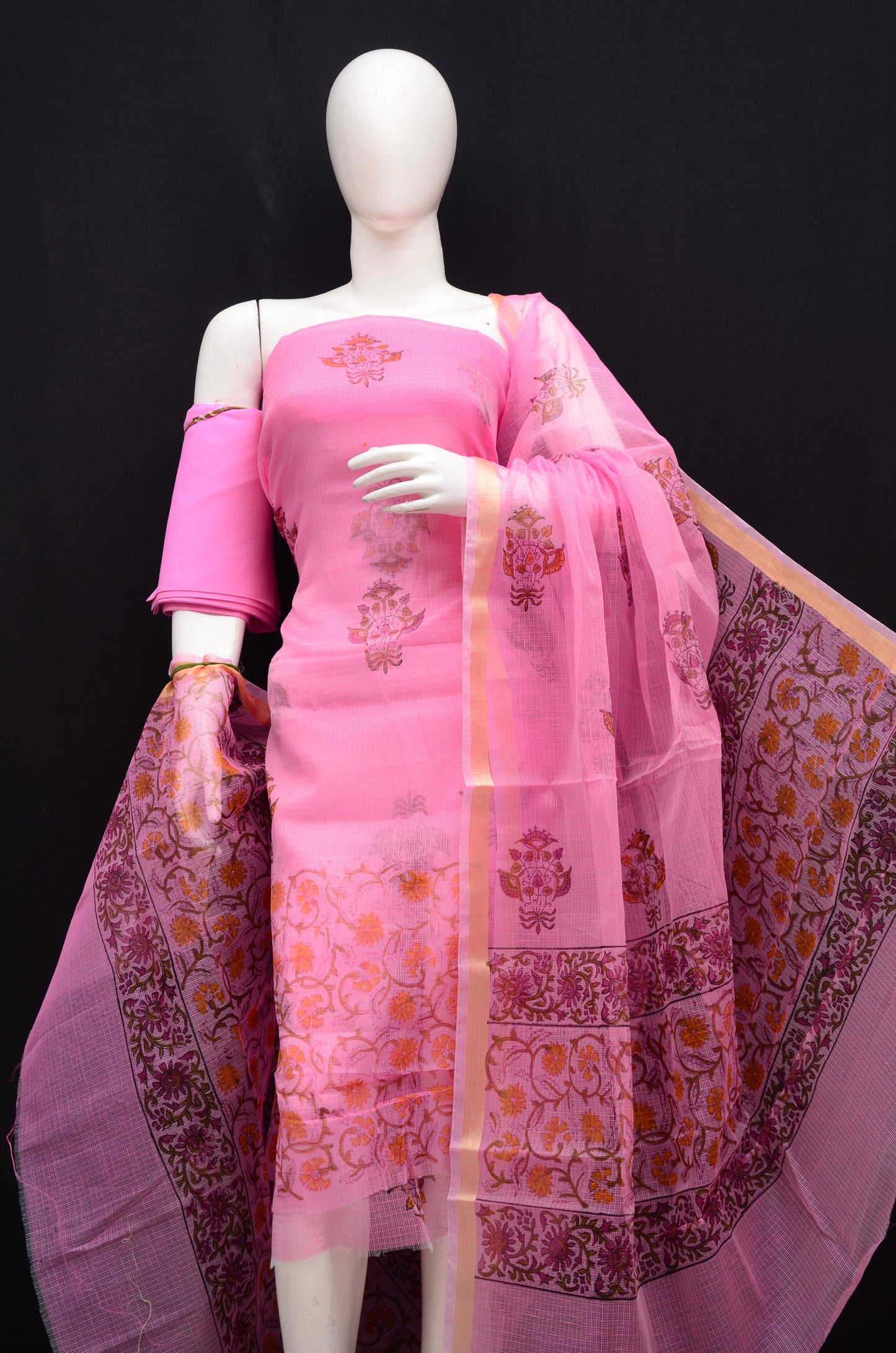 Floral Print Handblock 3-Piece Unstitched Suit Pink