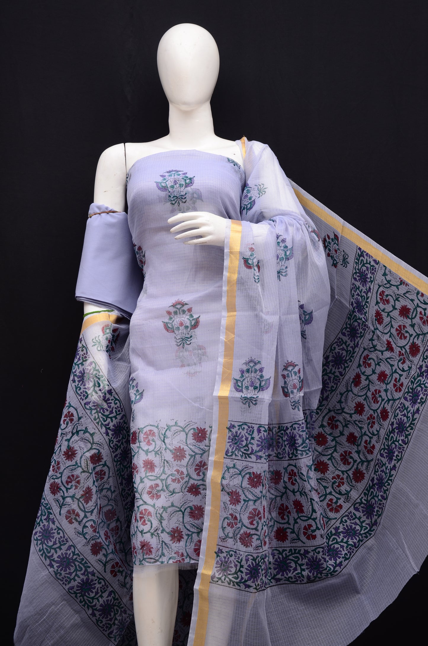 Floral Print Handblock 3-Piece Unstitched Suit Purple