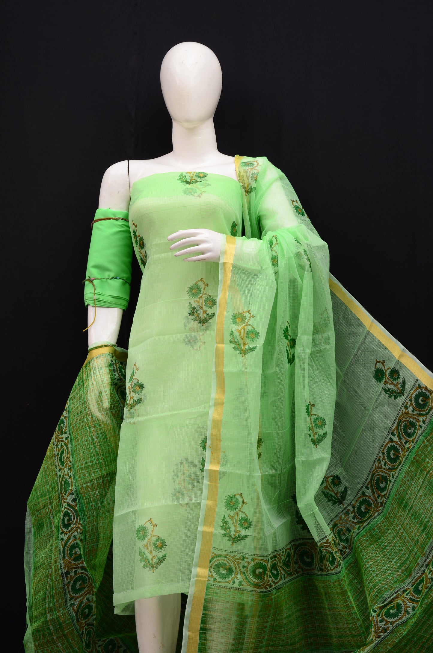 Floral Handblock Printed 3-Piece Unstitched Suit Green