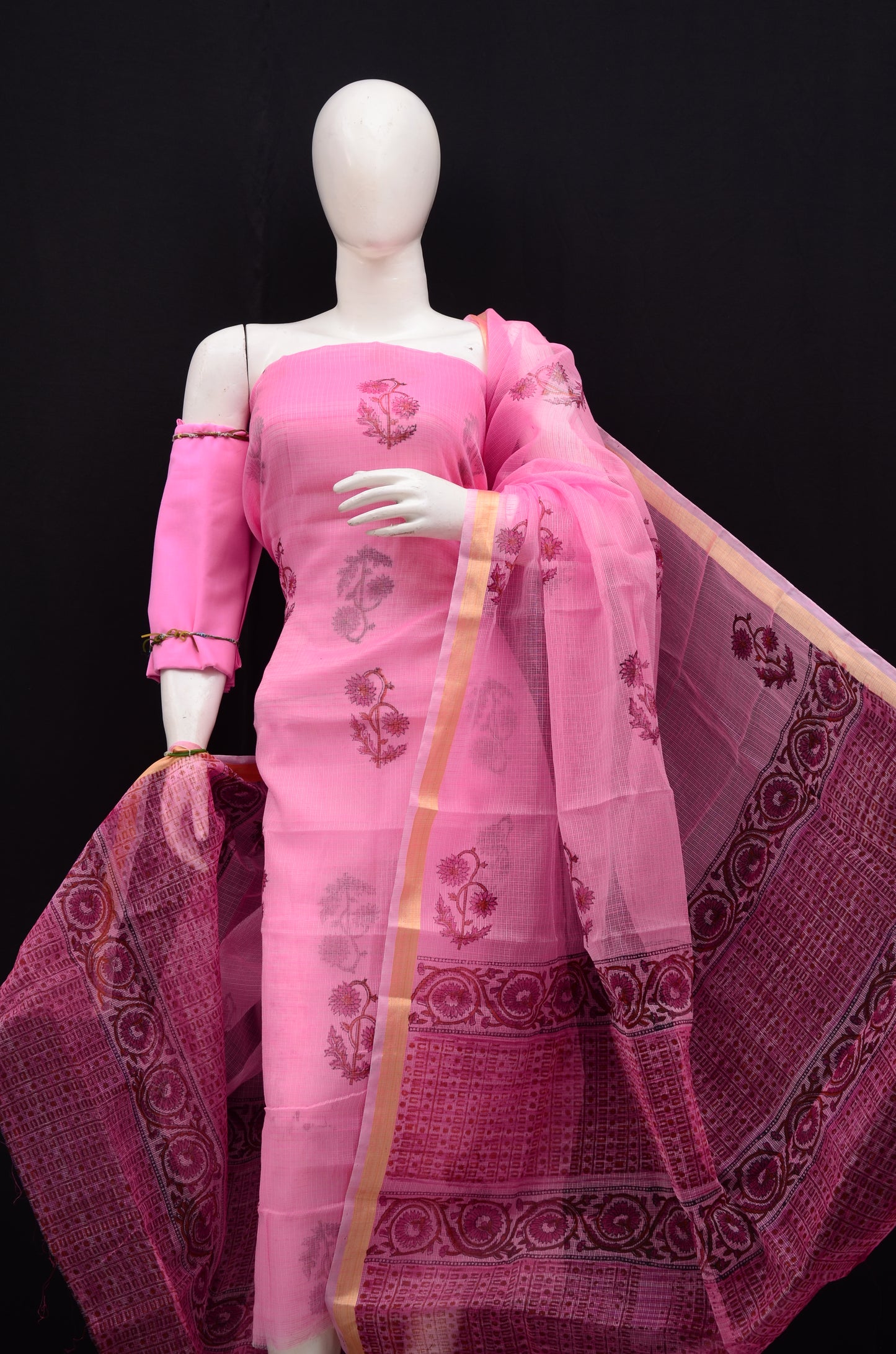 Floral Handblock Printed 3-Piece Unstitched Suit Pink