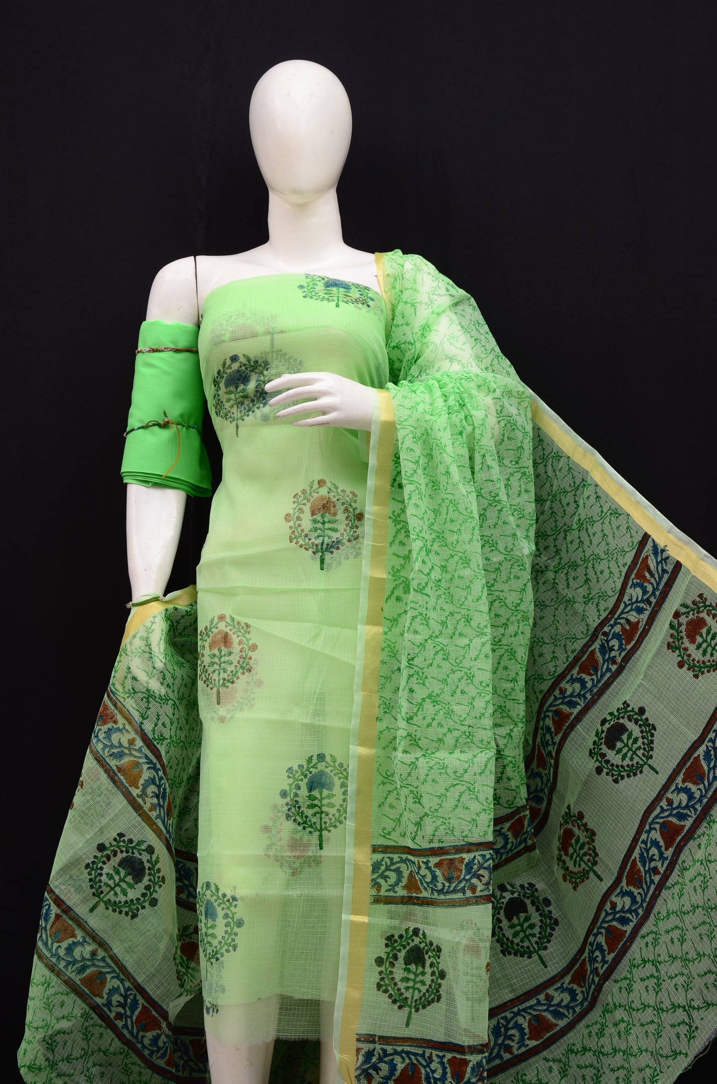 Floral Hand block Printed 3-Piece Unstitched Suit Green
