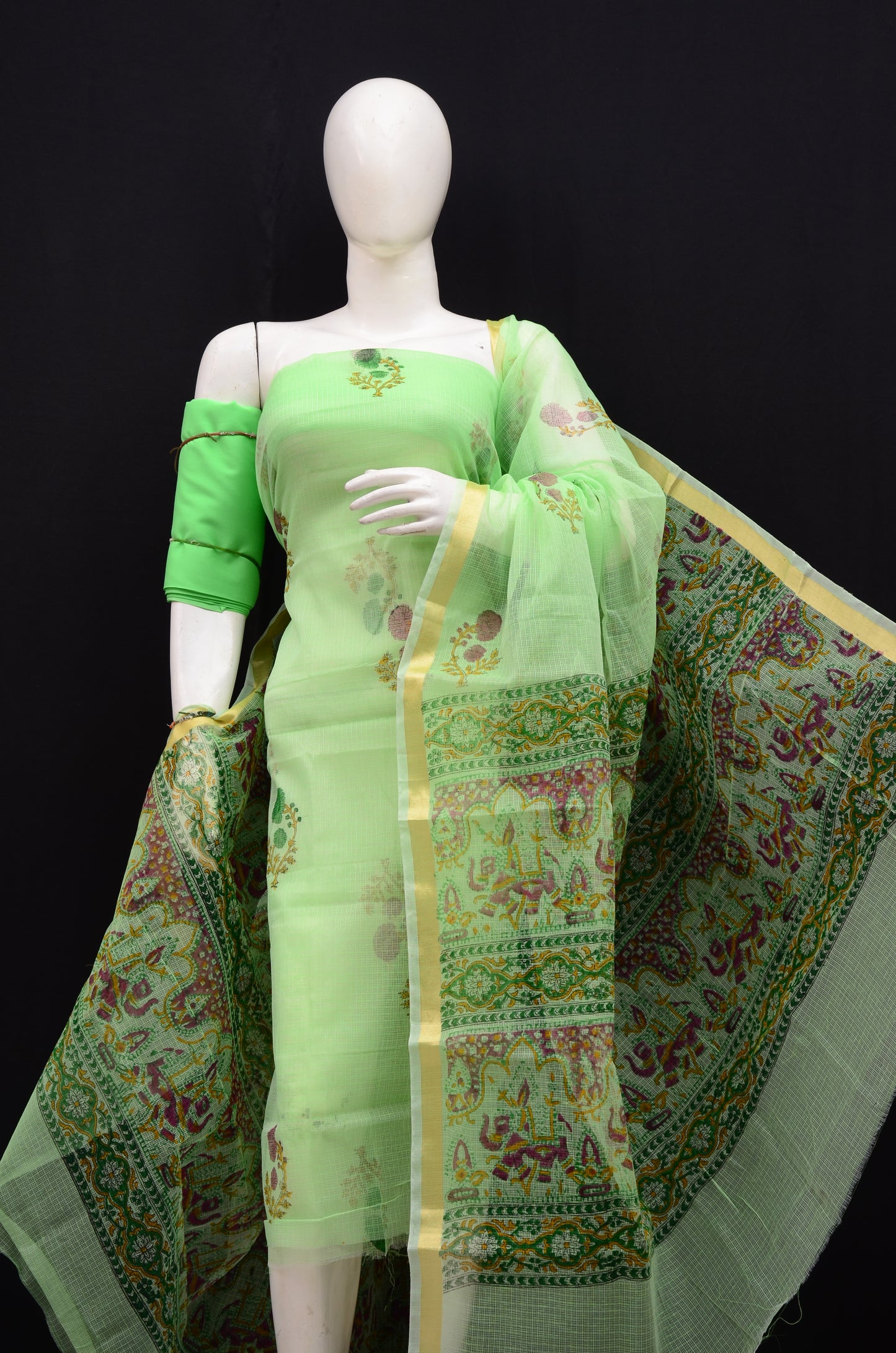 Floral Handblock Printed 3-Piece Unstitched Suit Green