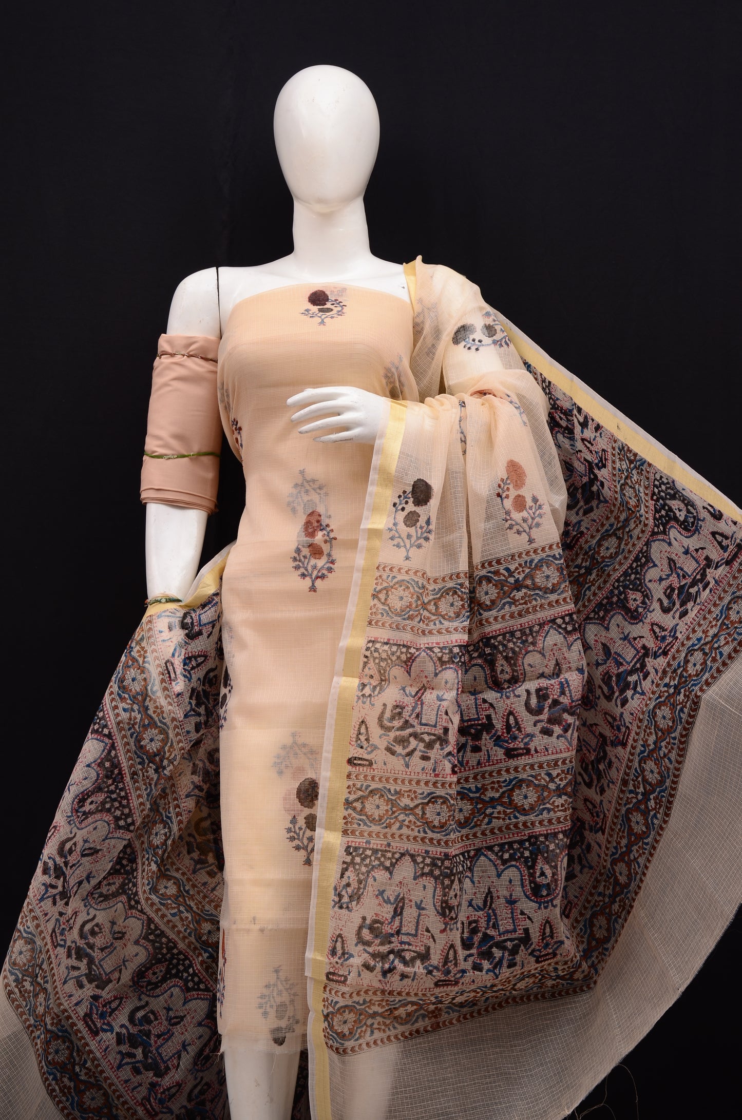 Floral Handblock Printed 3-Piece Unstitched Suit Beige