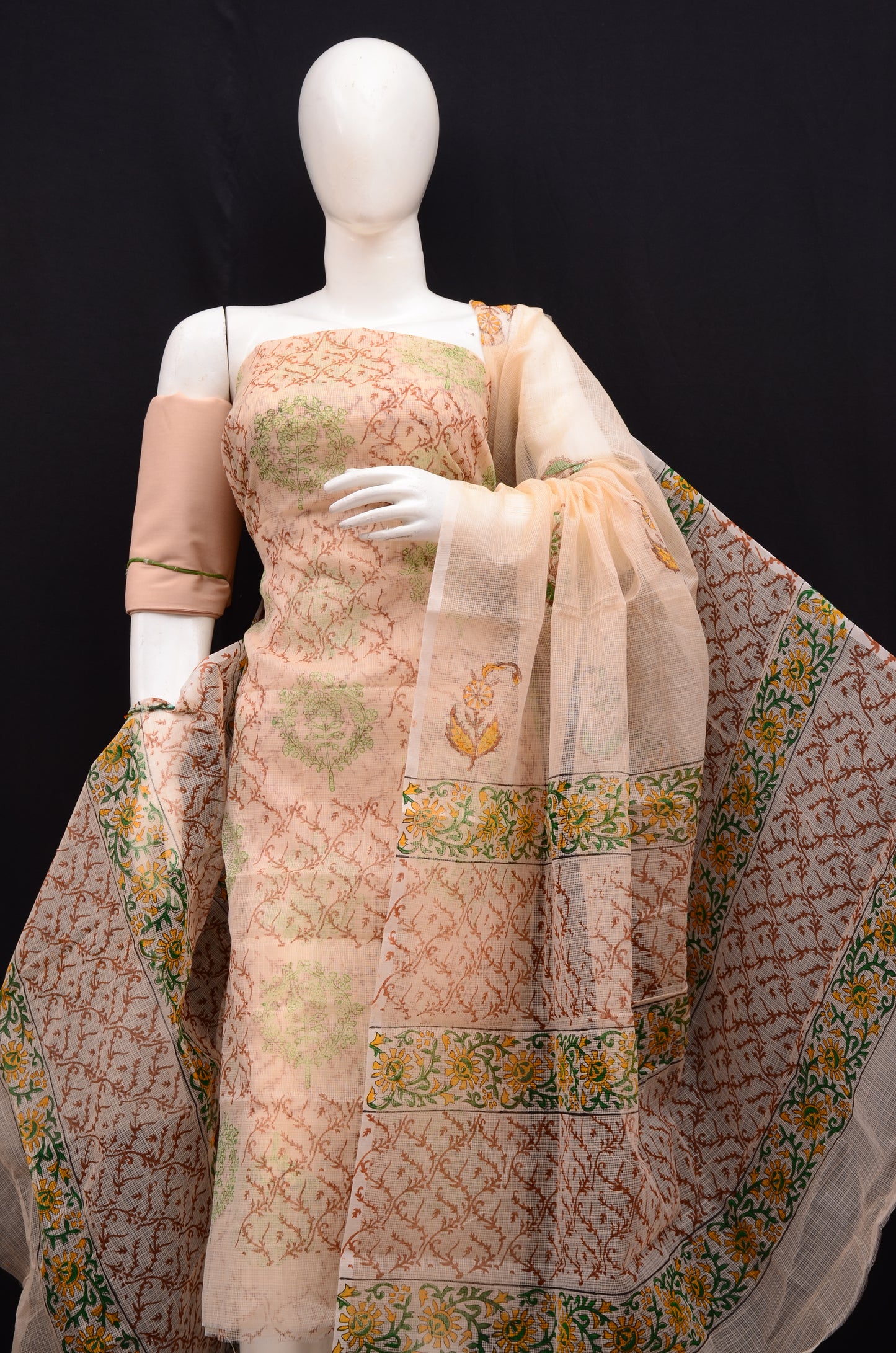 Floral Handblock Printed 3-Piece Unstitched Suit Beige