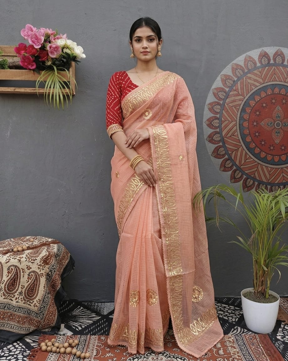 Elegant Kota Doria Gota Patti Saree with Contrast Bandhani Blouse Peach