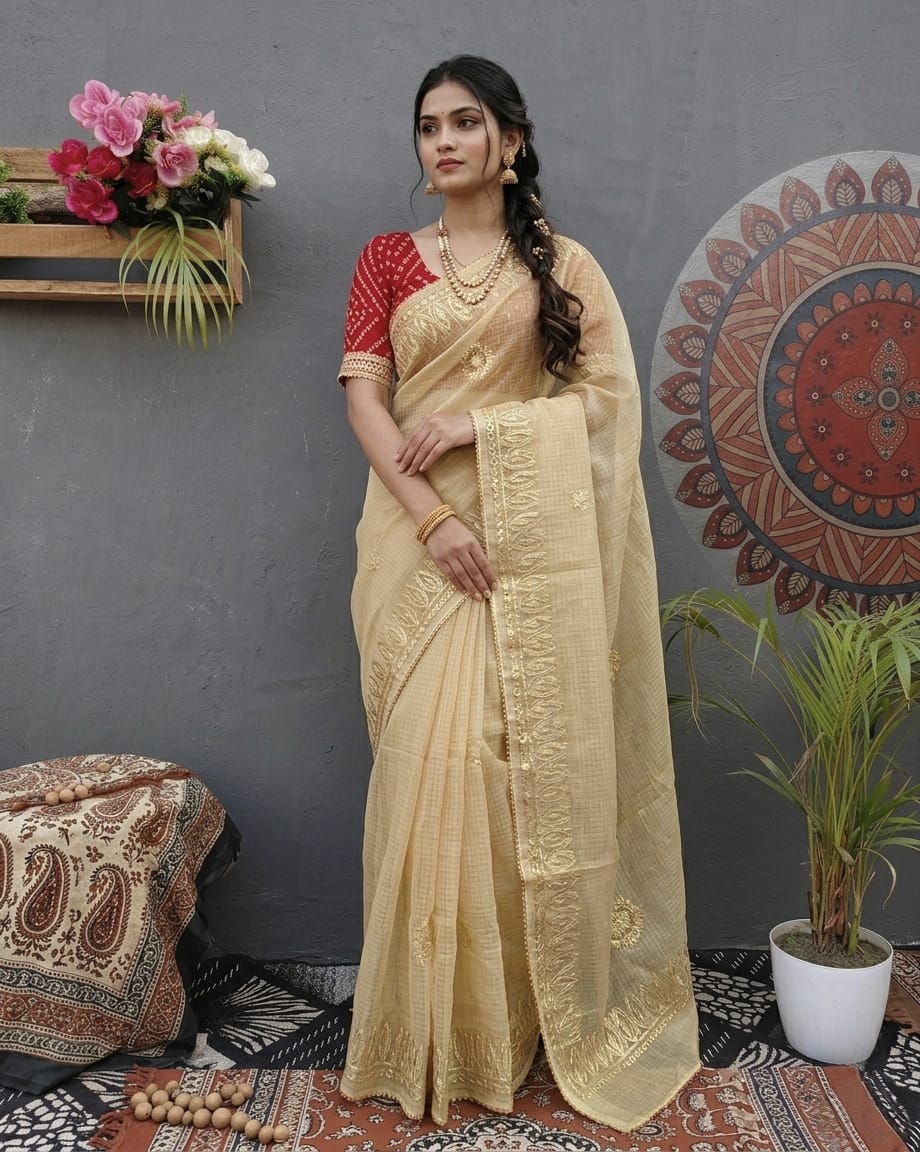 Elegant Kota Doria Gota Patti Saree with Contrast Bandhani Blouse Beige