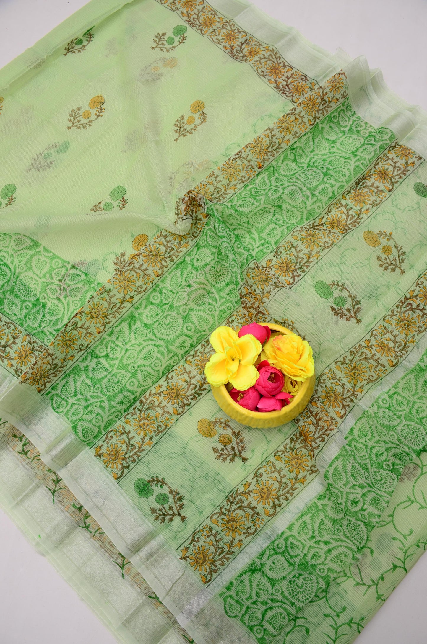Premium Handblock Printed Saree with Matching Blouse Green