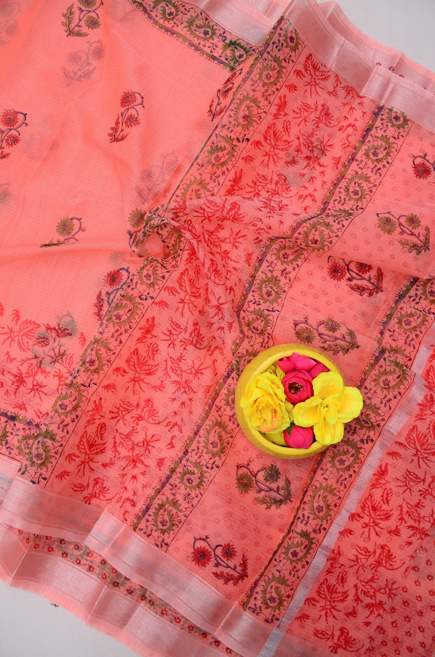 Premium Handblock Printed Floral Saree Pink