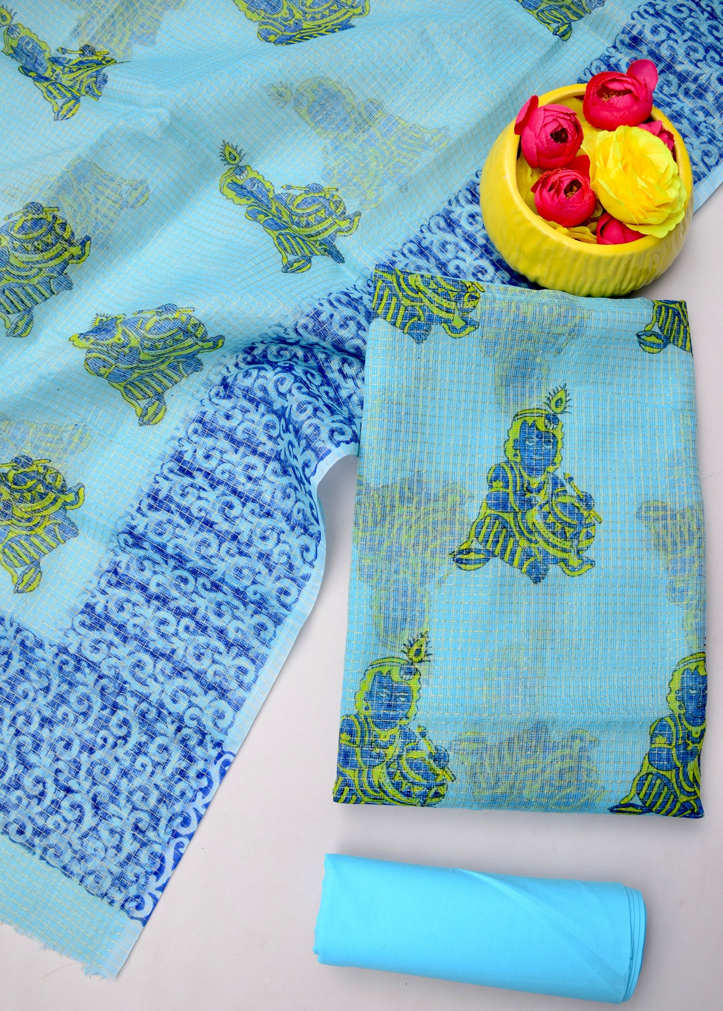 Premium Kota Doria Hand Block Print Suit Set for Women | Light Blue