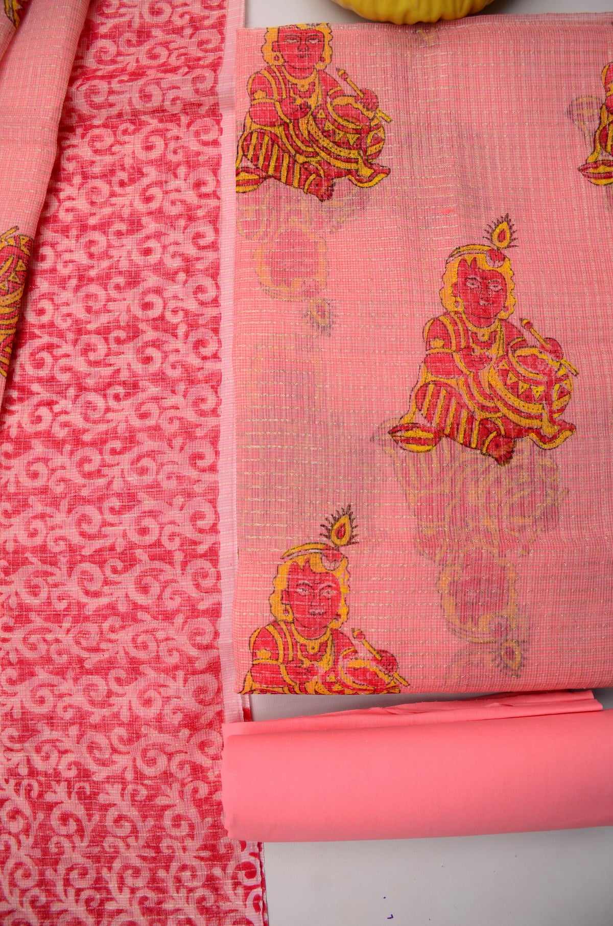 Pastel Pink Kota Doria Tissue Hand Block Print Suit Set for Women
