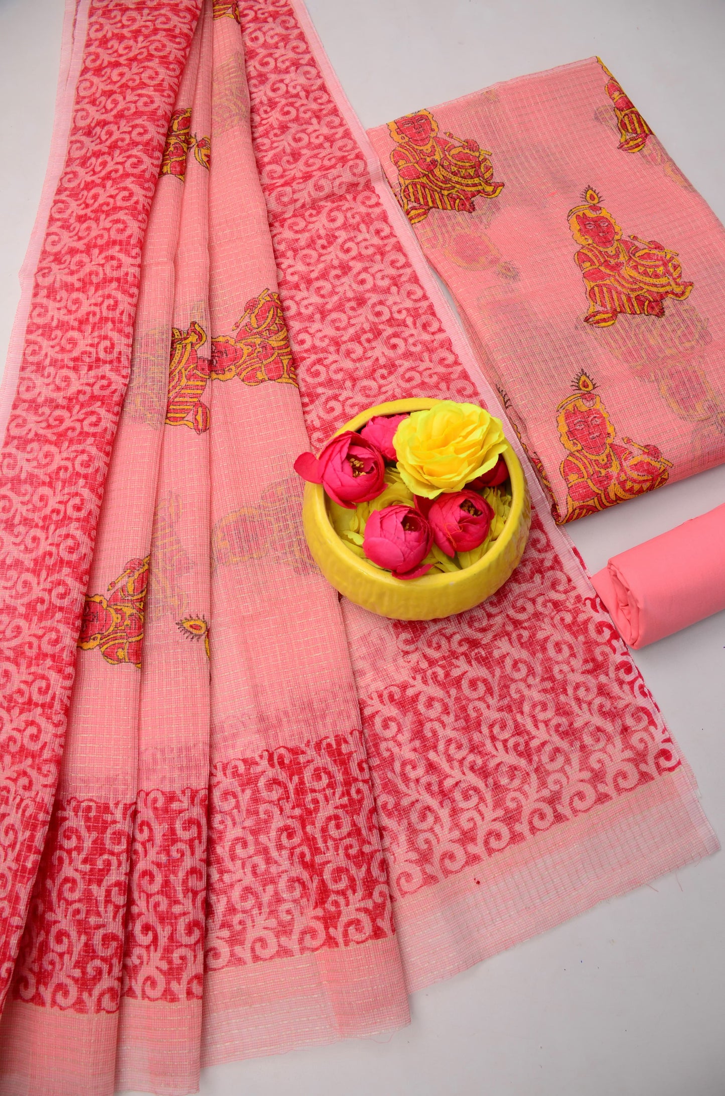 Pastel Pink Kota Doria Tissue Hand Block Print Suit Set for Women