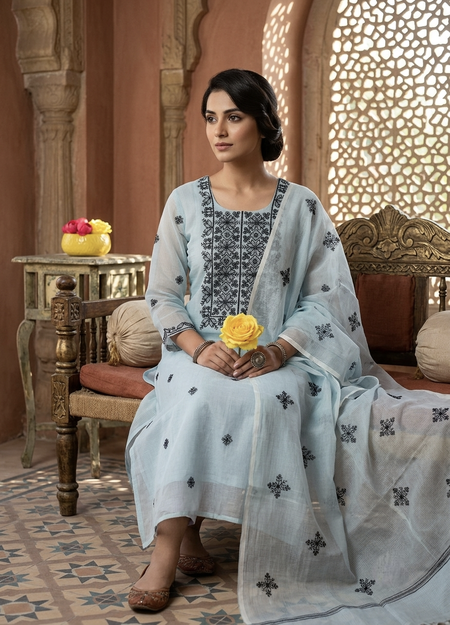 Premium Pale Sky Blue Kota Doria Embroidered Unstitched Suit Set