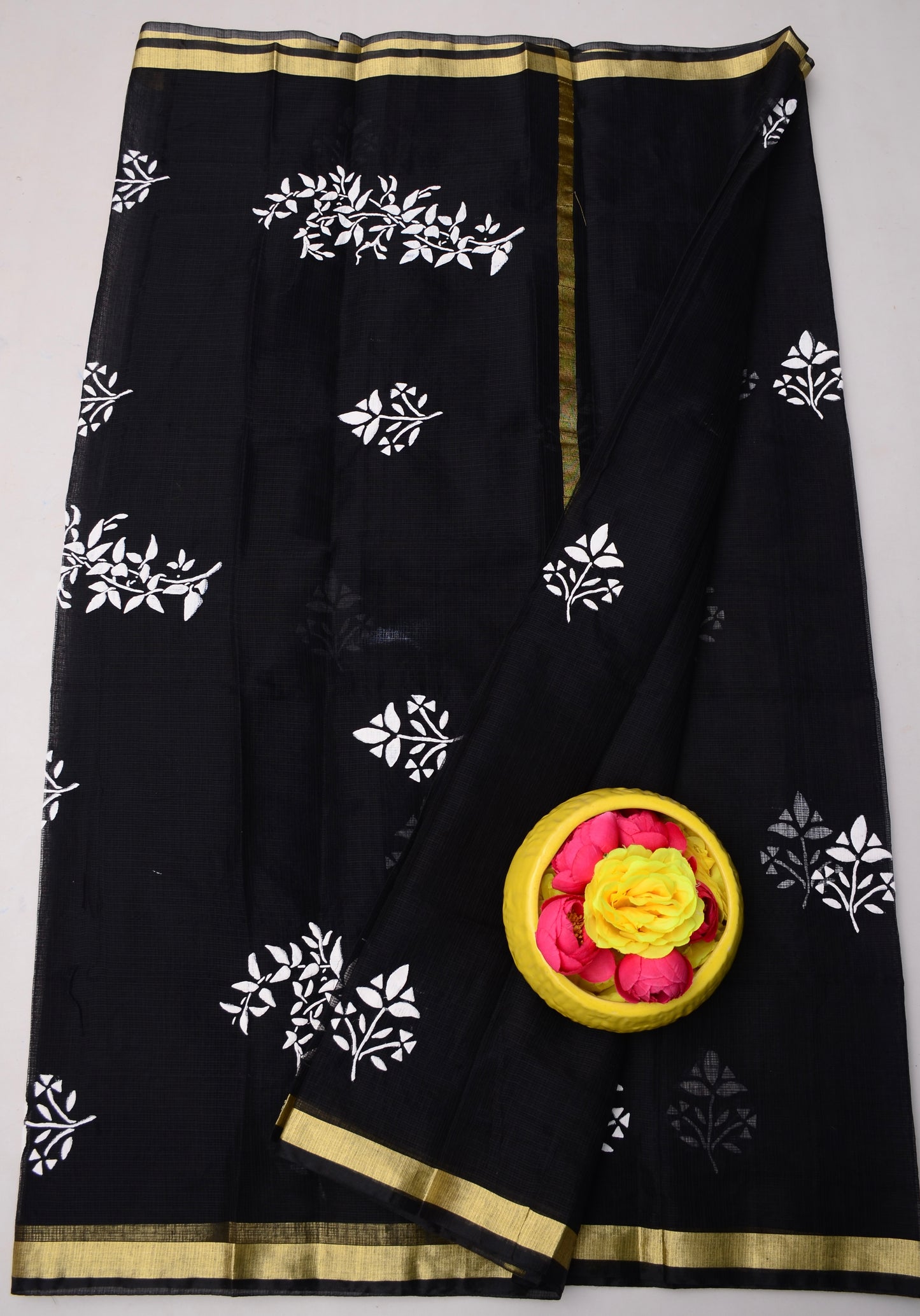 Premium Black Floral Kota Doria Printed Saree with Blouse
