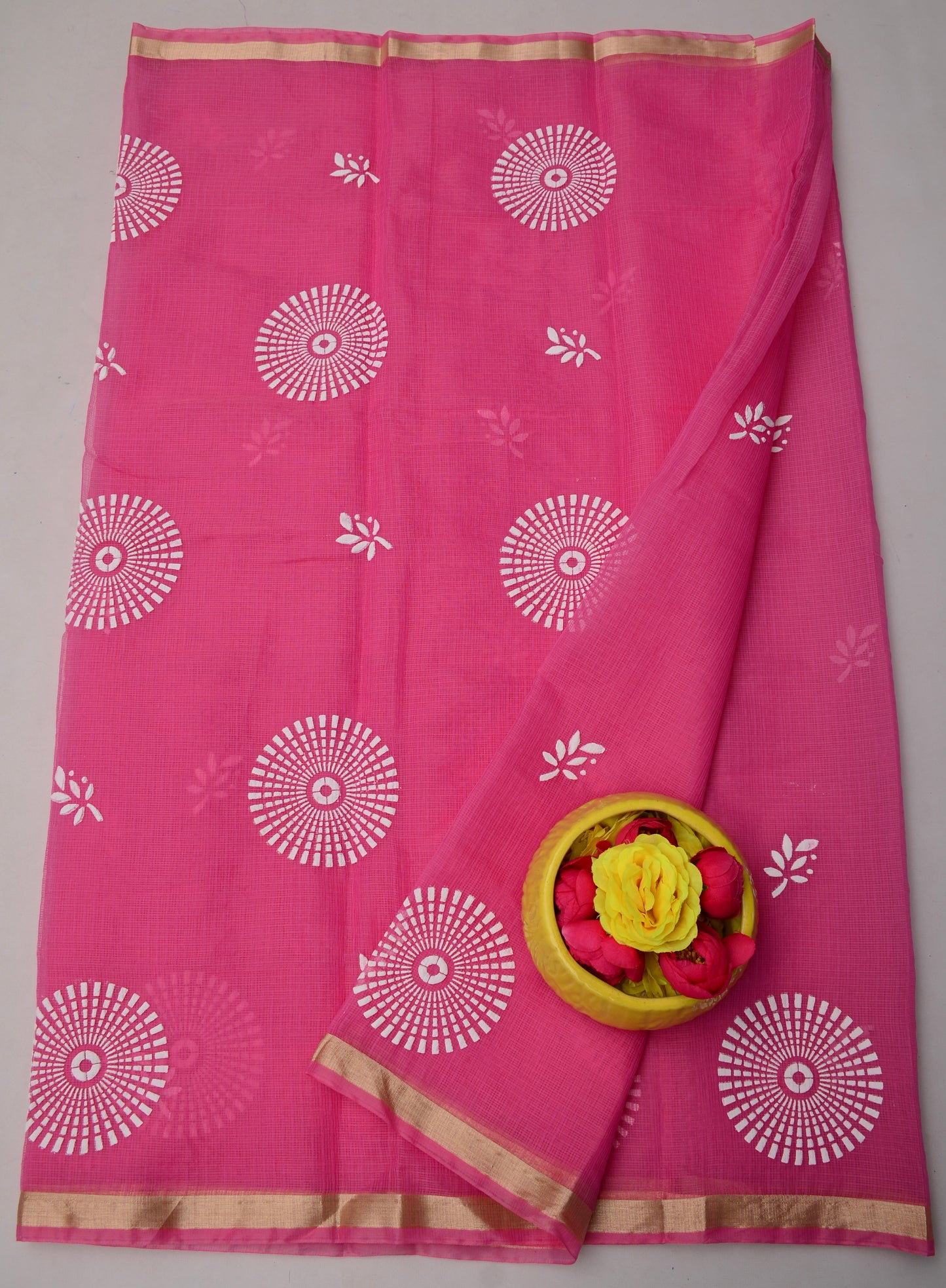Premium Pink Floral Kota Doria Saree with Matching Blouse Fabric