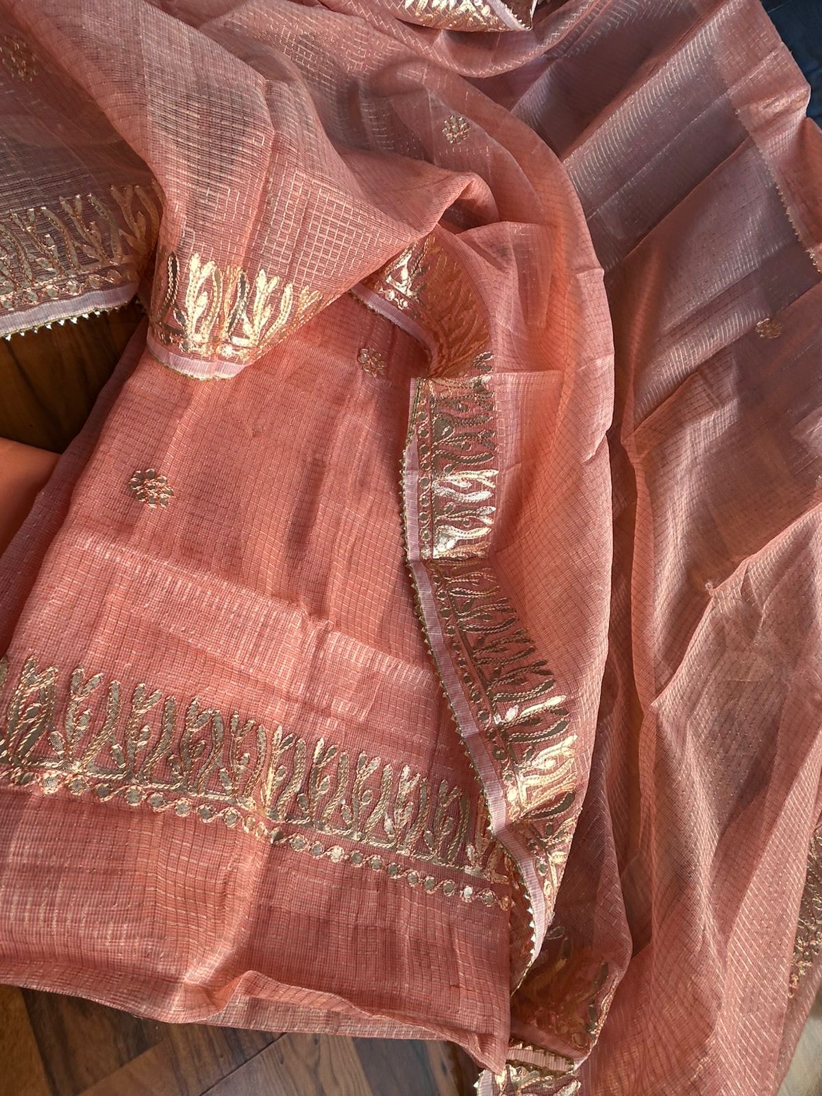 Mirror-Work 3-Piece Unstitched Suit Peach