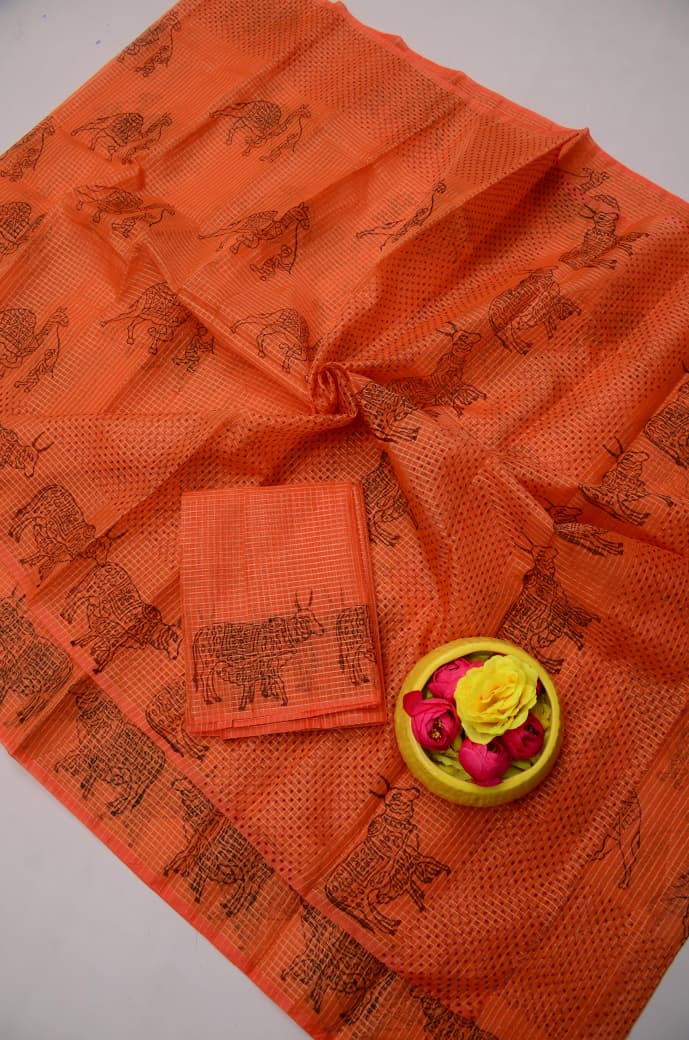 Buy Orange Kota Doria Tissue Hand Block Print Saree Online