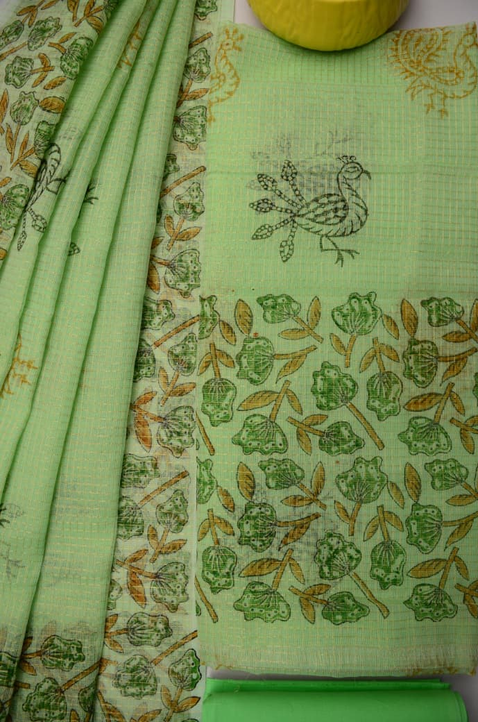 Women's Light Green Kota Doria Tissue Hand Block Print Salwar Suit Set