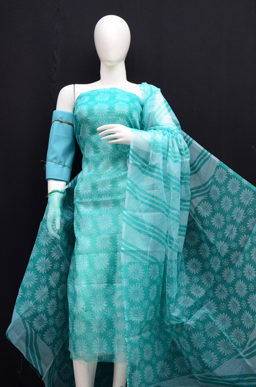 Traditional Teal Blue Kota Doria Printed Dress Material