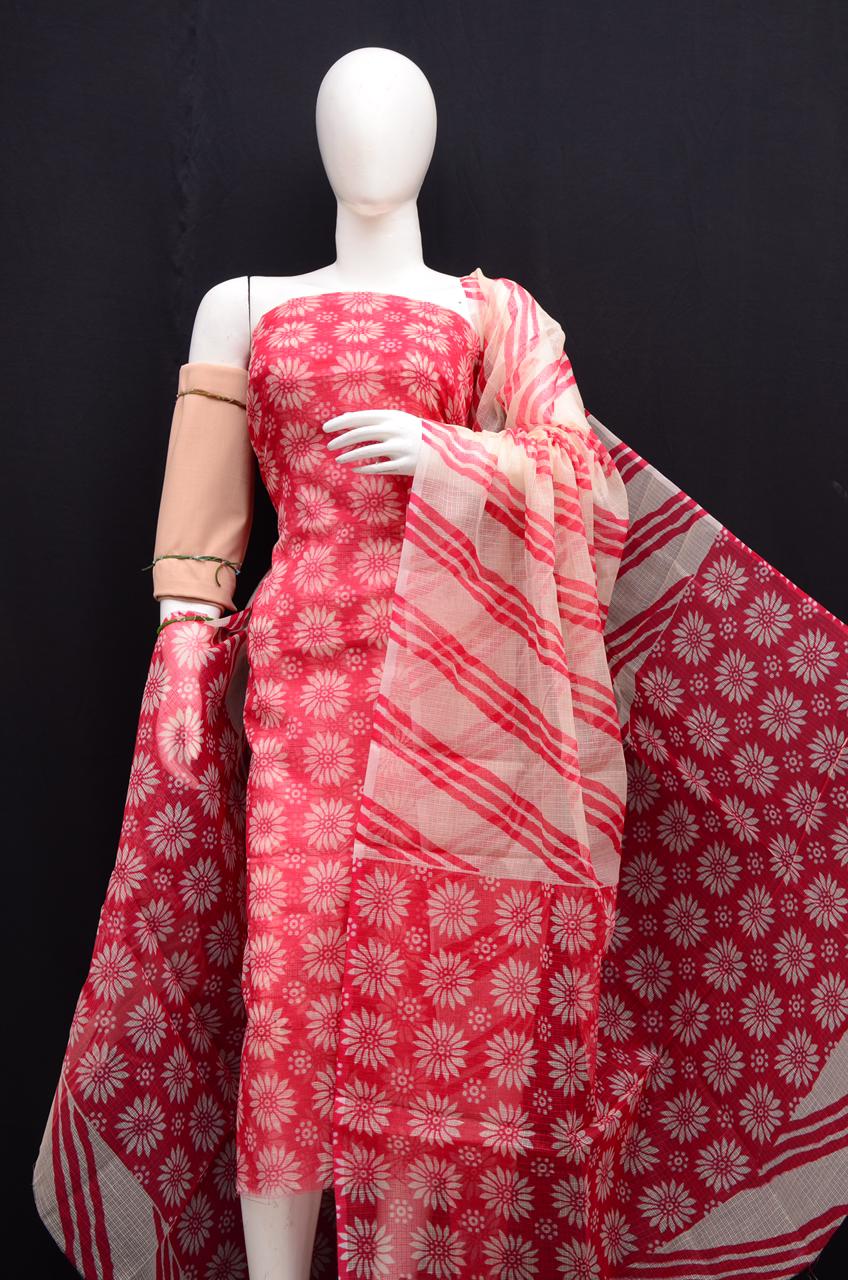 Beautiful Magenta Kota Doria Suit Material with Printed Design