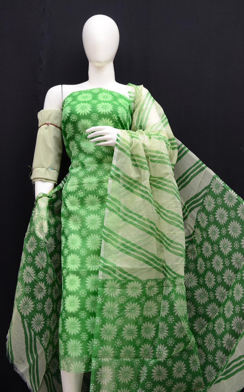 Festive Wear Leaf Green Kota Doria Printed Suit with Dupatta