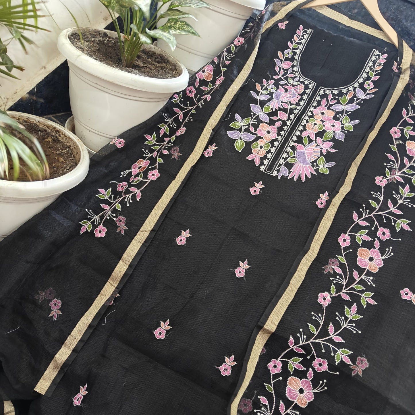 Traditional Black Kota Doria Embroidered Dress Material