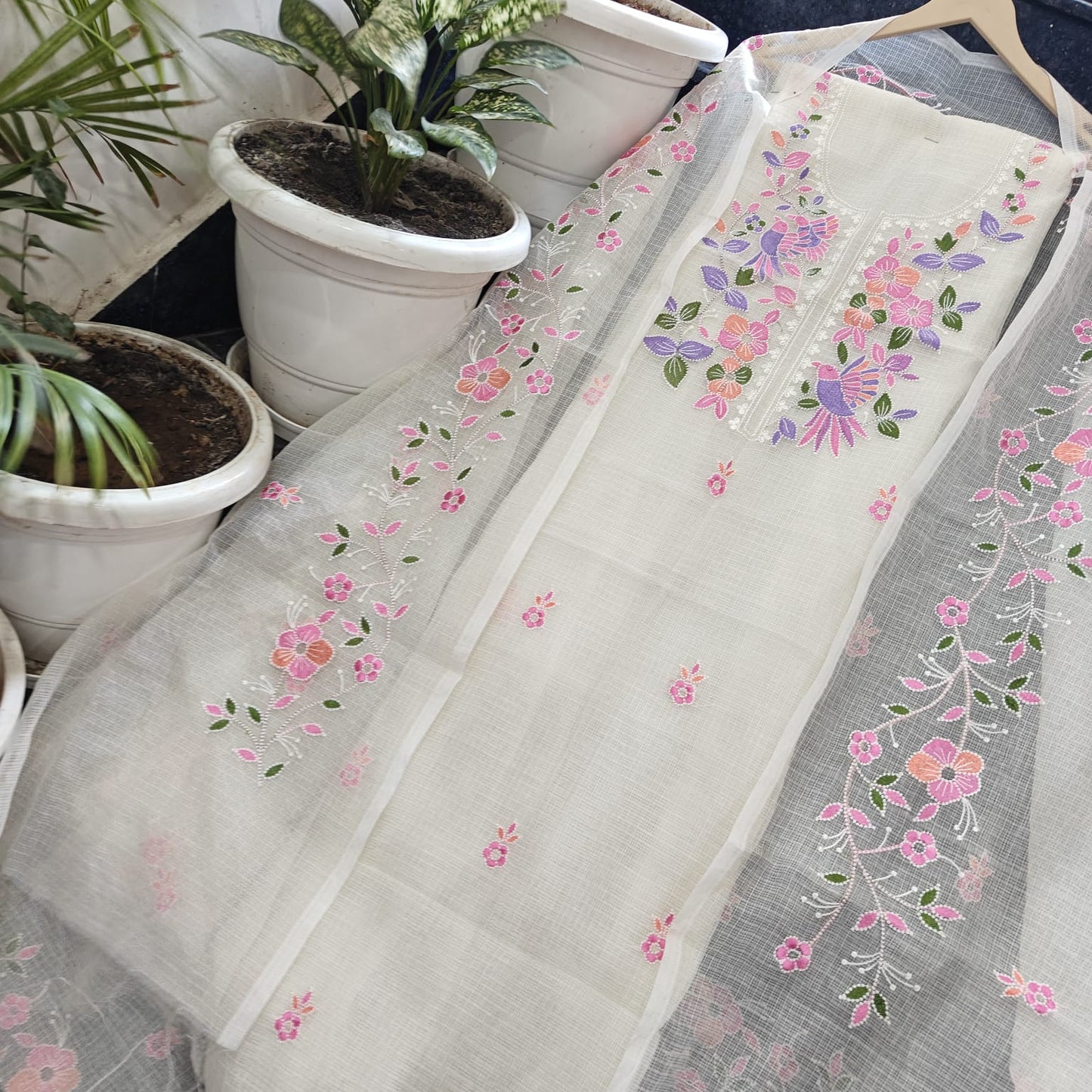 Festive Wear White Kota Doria Embroidered Suit with Dupatta