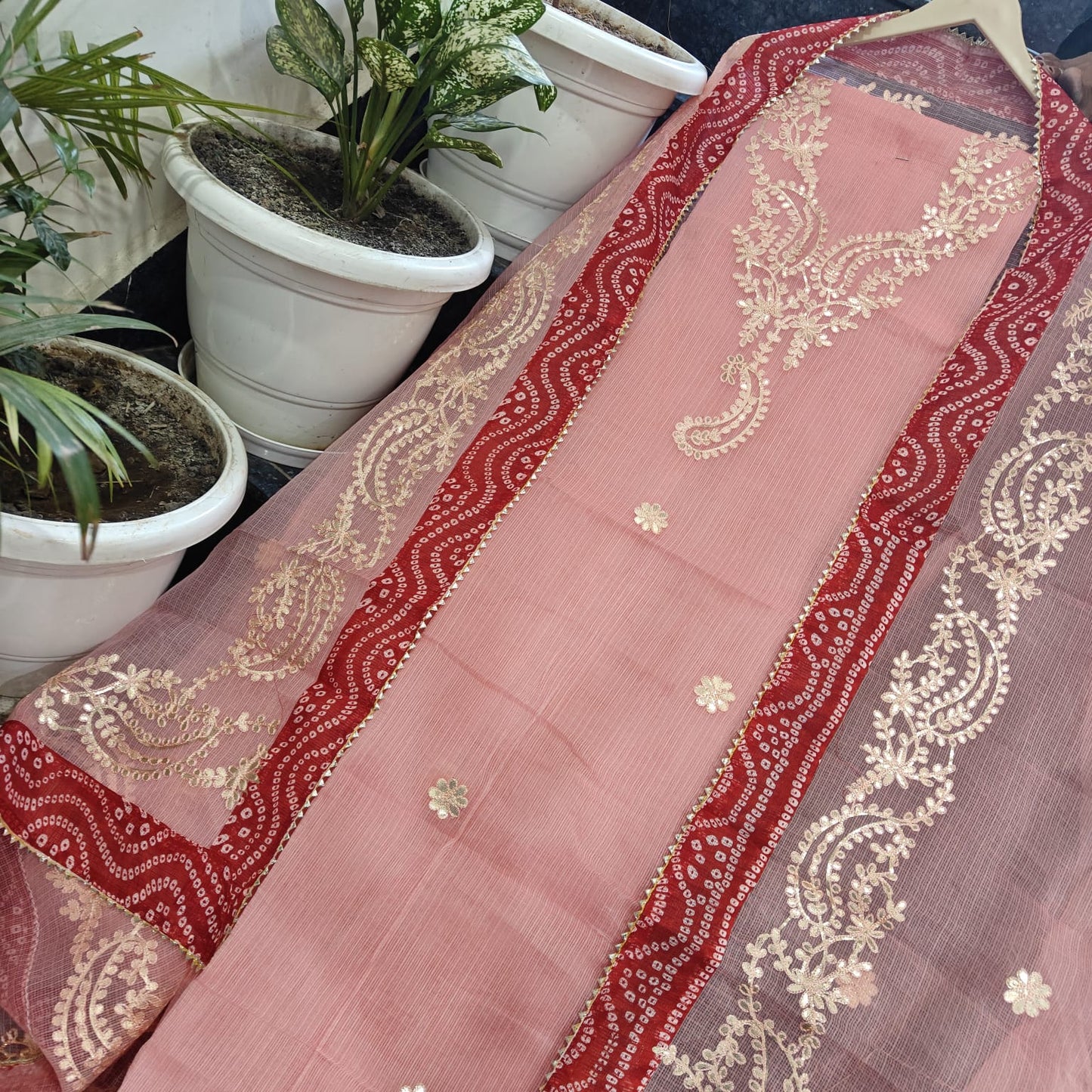 Festive Wear Dusty Pink Kota Doria Fine Gota Patti Salwar Suit Set