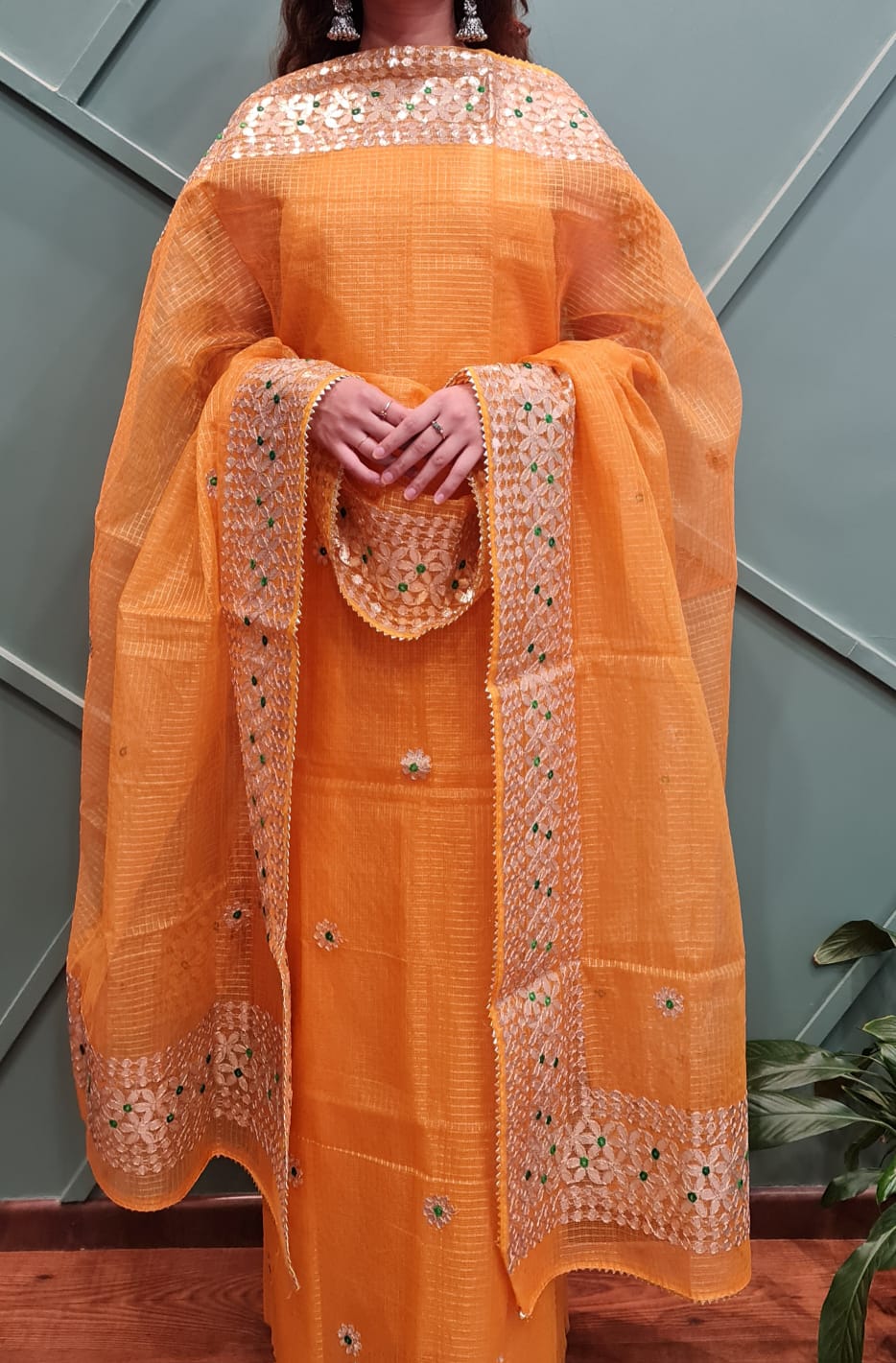 Traditional Bright Yellow Kota Doria Tissue Dress Material