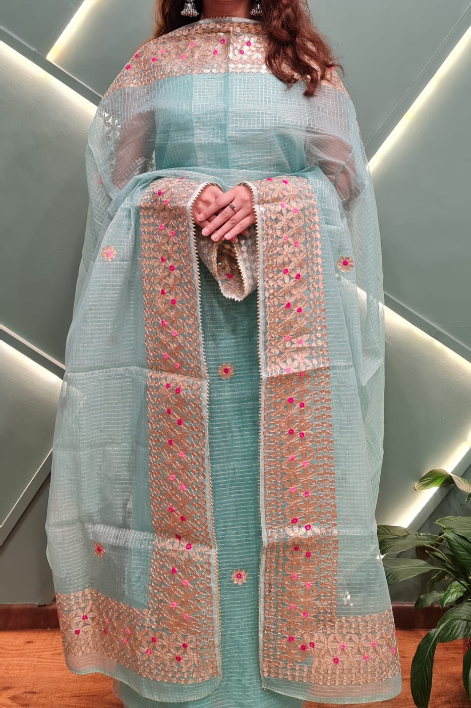 Festive Wear Light Blue Kota Doria Gota Patti Salwar Suit Set