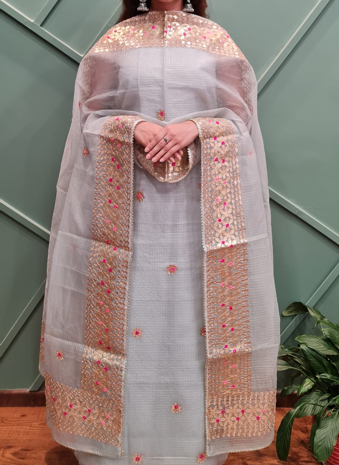 Traditional Light Grey Kota Doria Tissue Dress Material Online
