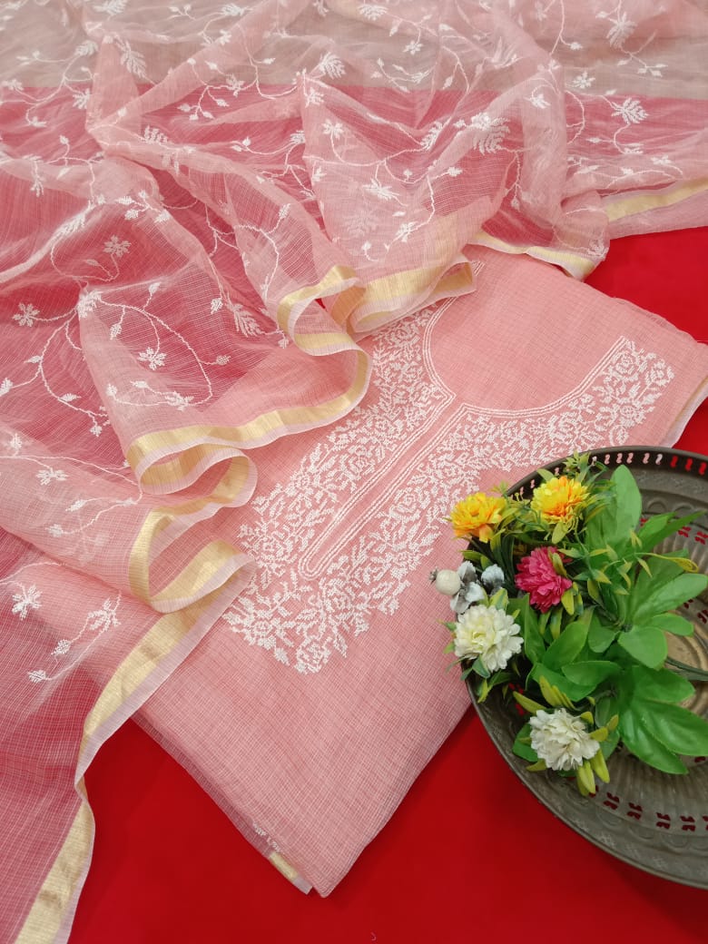 Women's Peach Kota Doria Embroidered Unstitched Suit Set