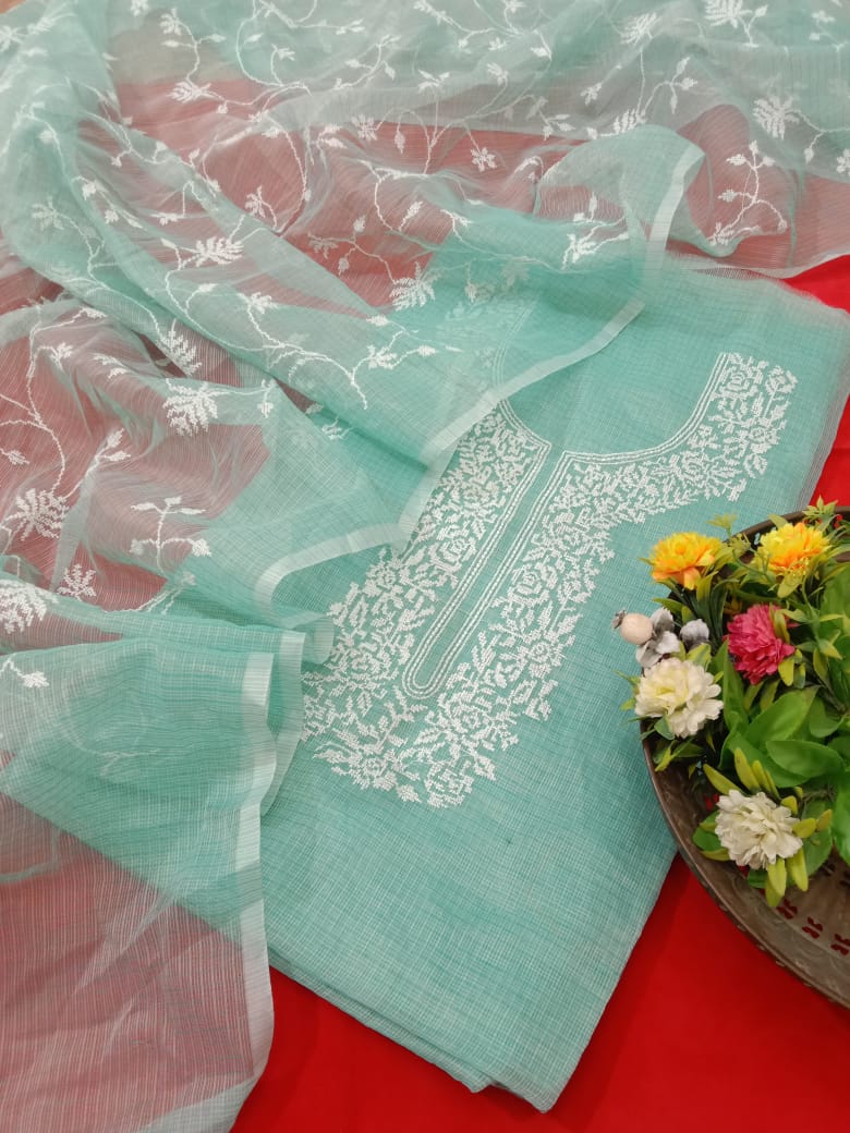 Festive Wear Sea Green Kota Doria Cross Embroidery Salwar Suit Set