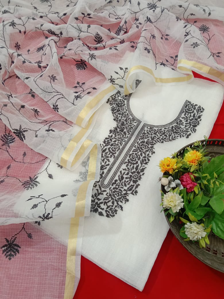 Festive Wear White Kota Doria Cross Embroidery Salwar Suit Set