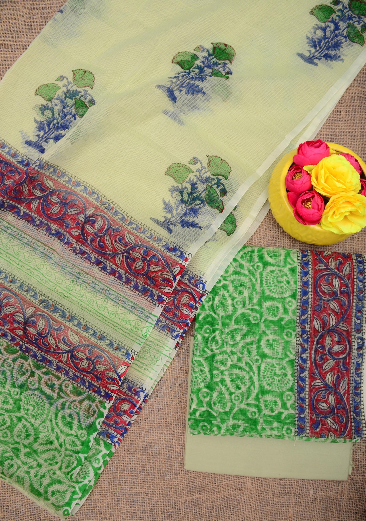 Premium Vibrant Green Kota Doria Printed Unstitched Suit for Women