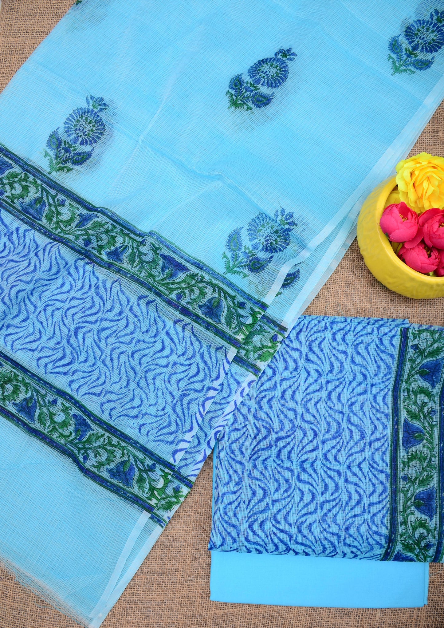 Women's Blue Kota Doria Hand Block Print Unstitched Suit
